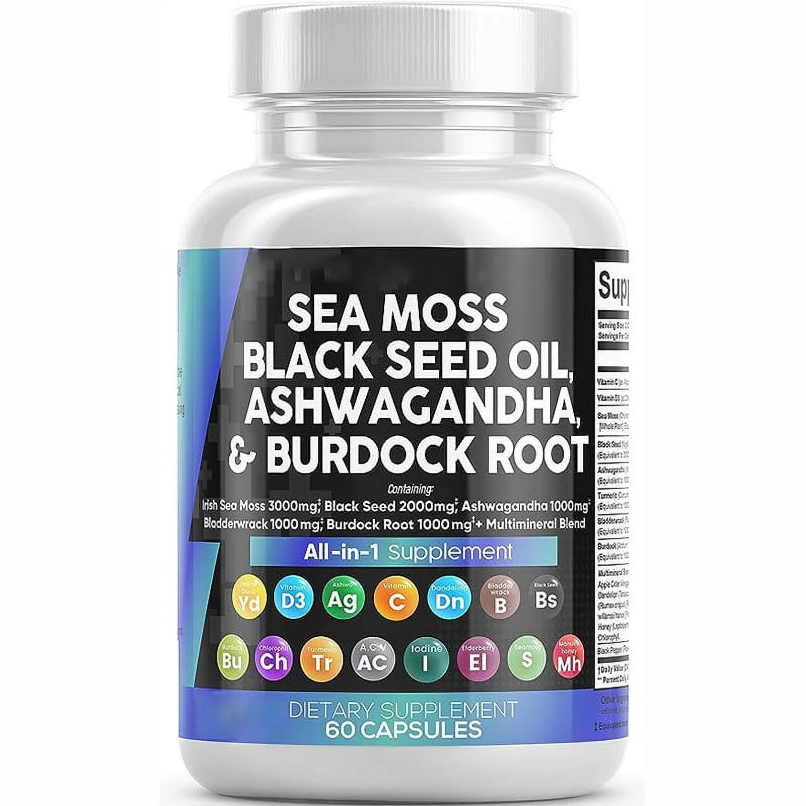 Sea Moss 3000mg Black Seed Oil 2000mg Ashwagandha 1000mg Turmeric 1000mg Bladderwrack 1000mg Burdock 1000mg & Vitamin C & D3 with Elderberry Manuka Dandelion Yellow Dock Iodine Chlorophyll ACV