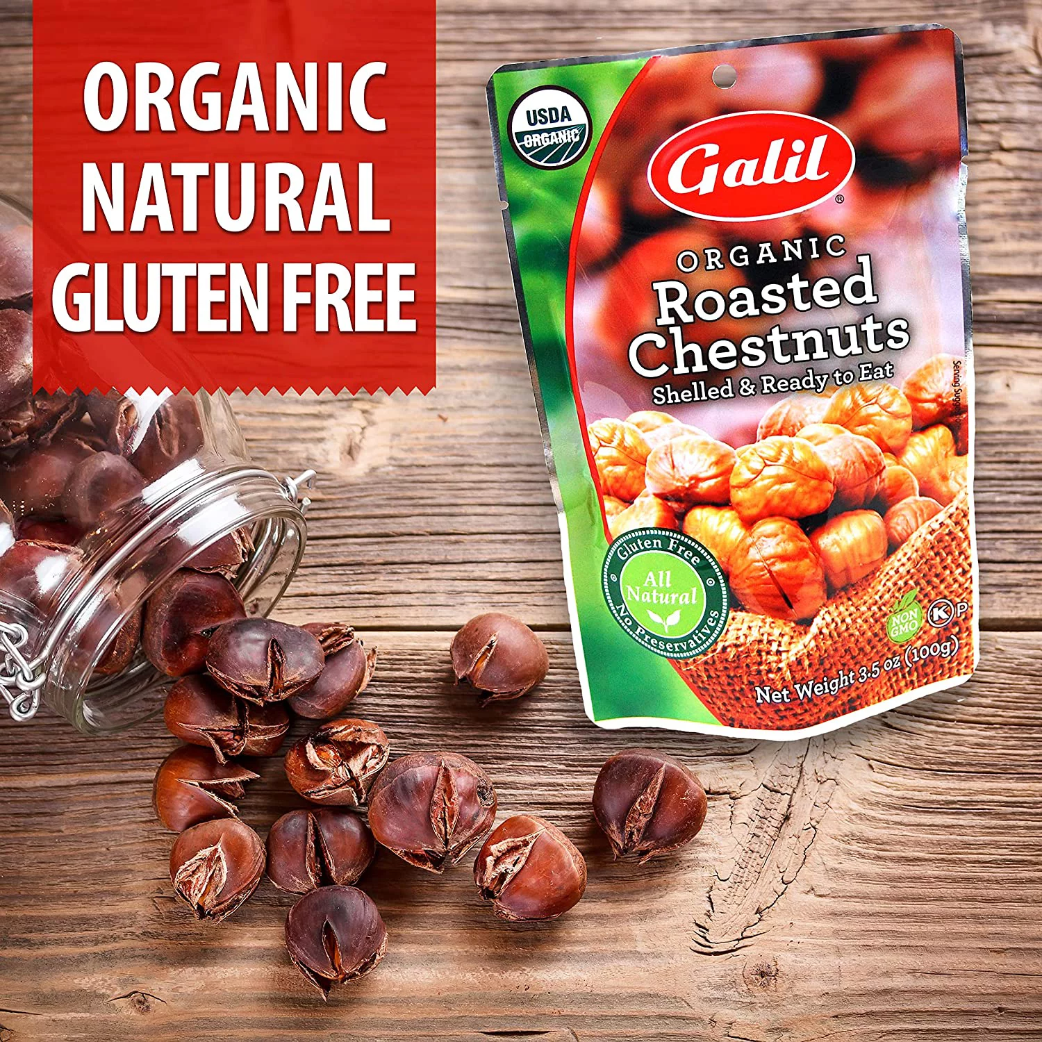 Galil Organic Roasted Chestnuts, Shelled Snack, Gluten Free, 21.16 oz.