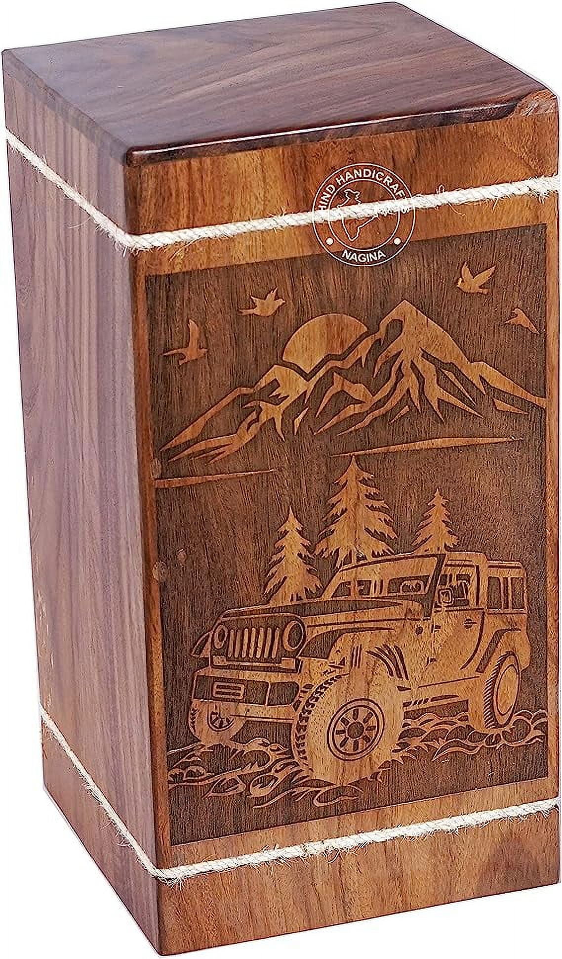 Handcrafted Car Wooden Urns for Human Ashes Adult Large - Rising Sun Mountain Cremation Urn for Ashes - Burial Urn for Columbarium - Funeral Urn Box (250 LB - Rosewood, Design-2)