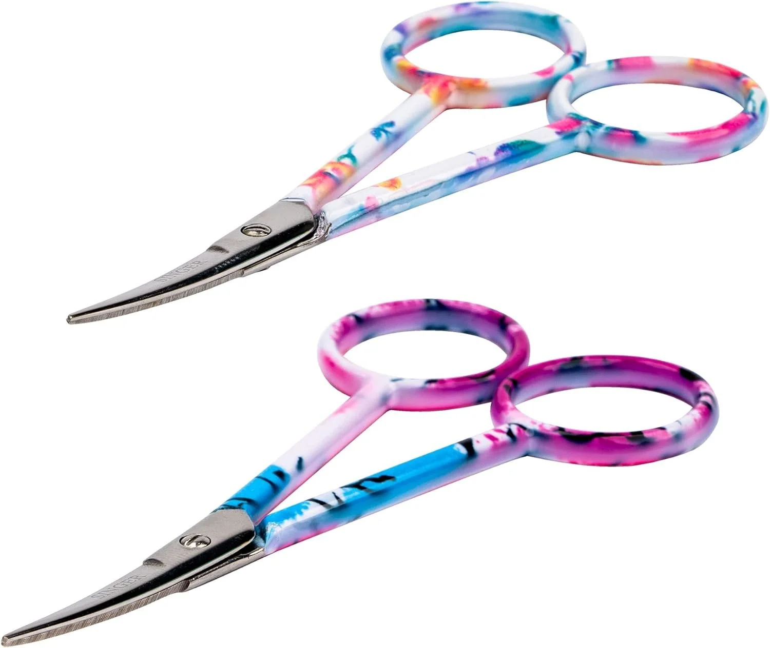 SINGER 4 Inch Forged Embroidery Scissors with Curved Tip for Sewing, Cross-Stitching, Crafts, & More White Floral & Pastel Print, 2-Pack