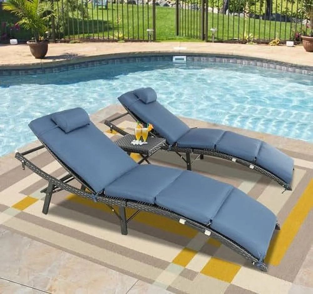 QYFZBIM Patio Lounge Chairs Adjustable Chaise Lounge Outdoor PE Rattan Wicker Pool Lounge Chairs Set of 3 with Cushion for Beach Pool Backyard Garden (Navy)