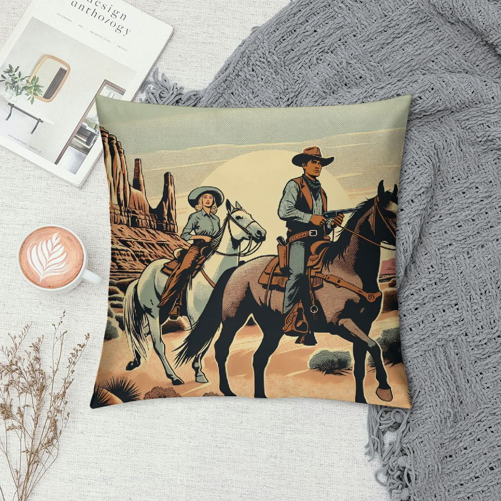 EastSmooth  Retro Cowboy Western Pillow Cover Wild West Desert Cactus Cowgirl Throw Pillow Case for Home Party Decorative College Dorm Bedroom Couch Sofa Cushion Case