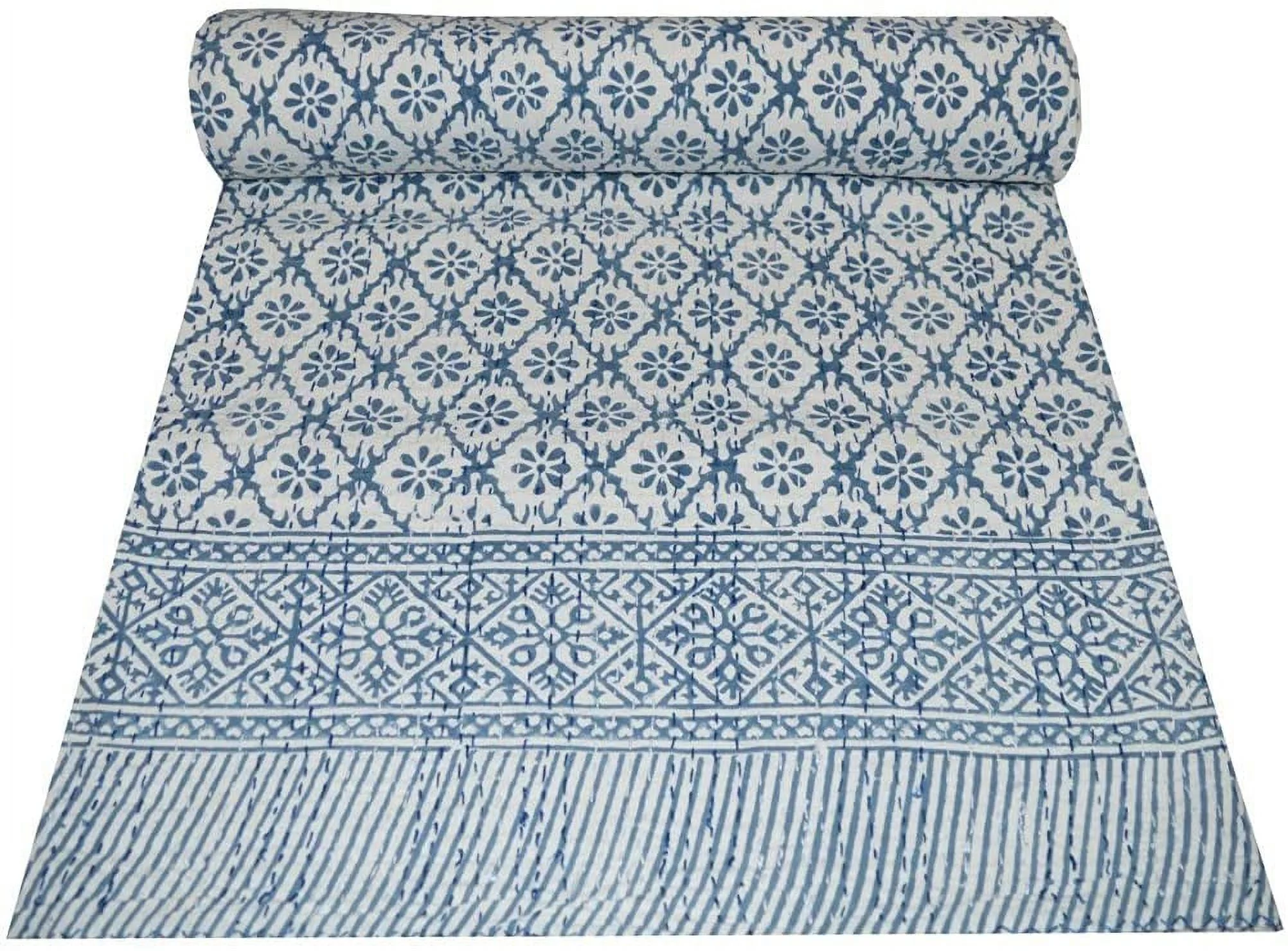 Indian Hand Block Print Kantha Quilt Queen Size Handmade Quilt Kantha Throw Blanket Queen Bedspread Boho Quilt Vintage Gudari Kantha Quilts