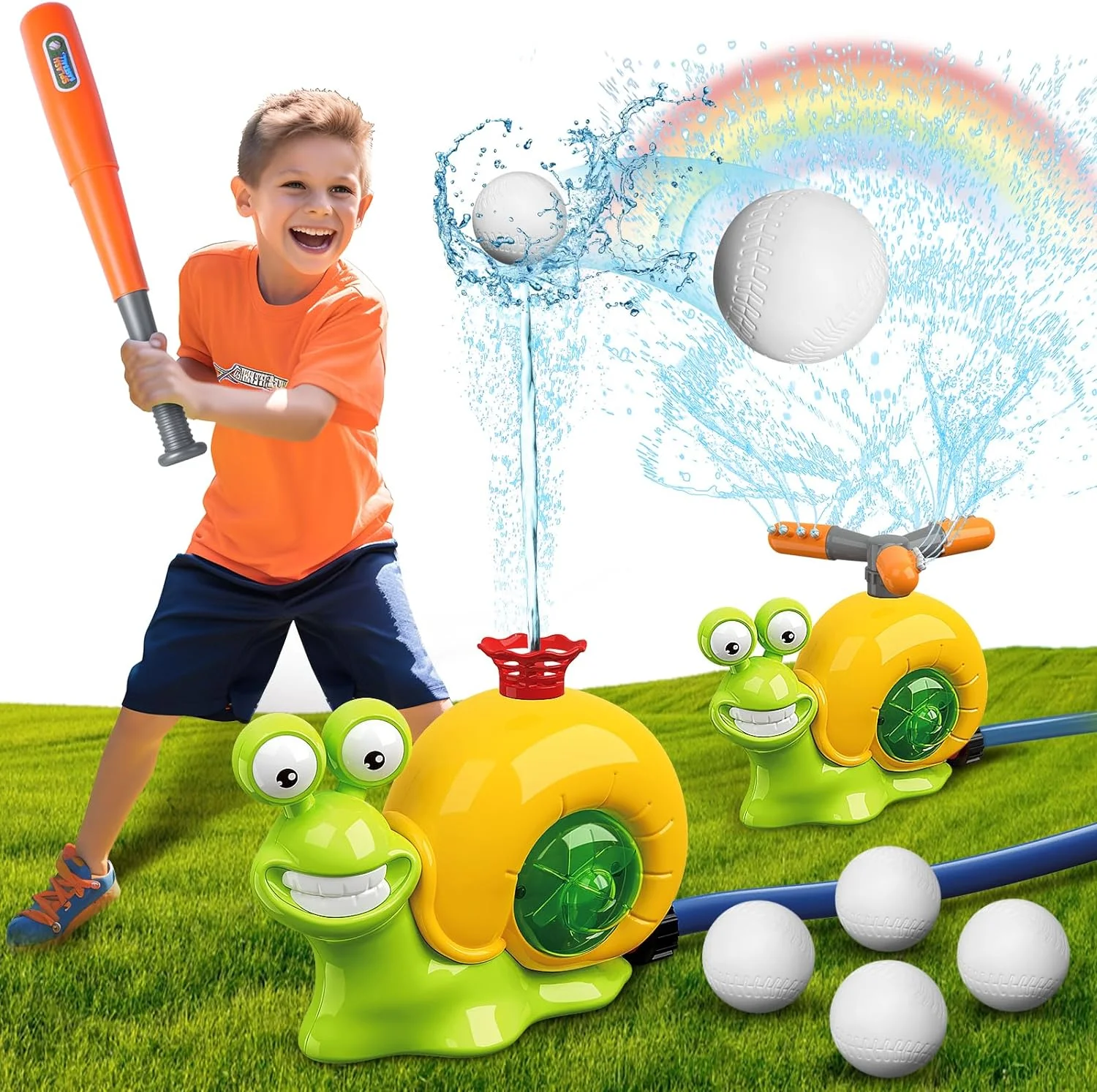 Water Sprinkler Baseball Toy for Kids Outdoor Play, 2 in 1 Snail Summer Water Game with 2 Sprinkler Heads, 360° Roating Spray Water Baseball