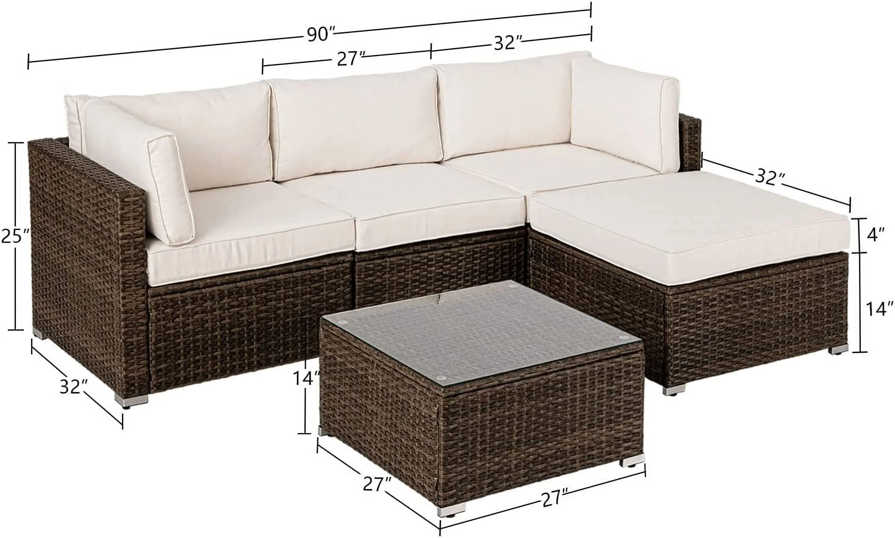 5-Piece Outdoor  All-Weather Mottlewood Brown Wicker Sectional Sofa w Warm Gray Thick Cushions  Glass-Top Coffee Table  2 Teal Pattern Pillows for Garden  Patio