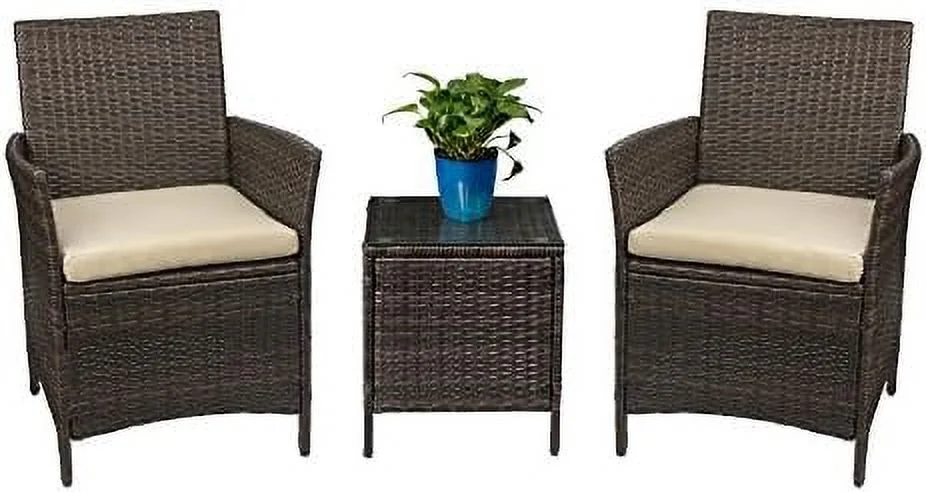 SJOINMB Patio Porch  Sets 3 Pieces PE Rattan Wicker Chairs with Table Outdoor Garden  Sets (Brown/Beige)