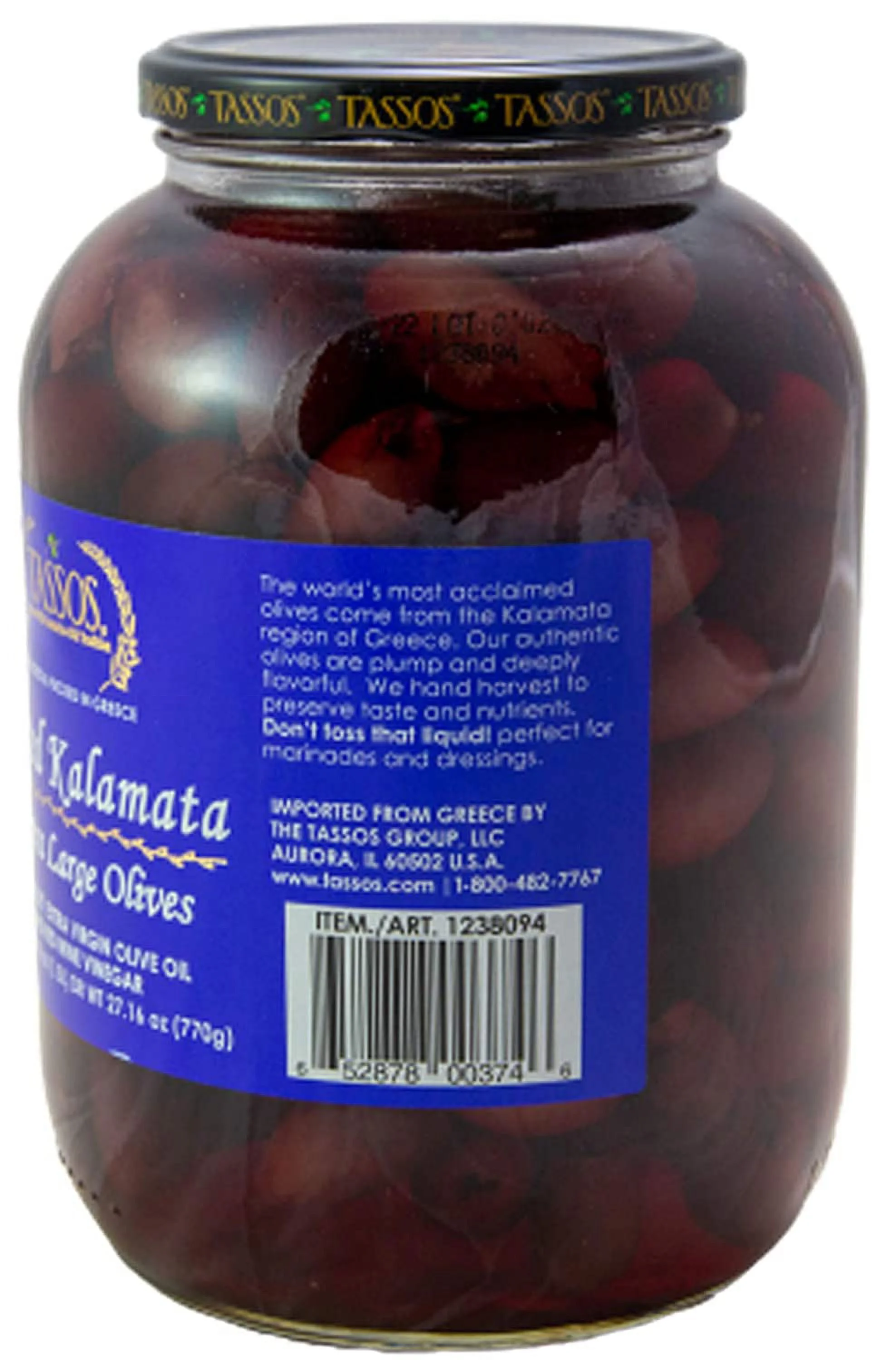 Tassos Pitted Kalamata Extra Large Olives from Greece 1.5L Jar.