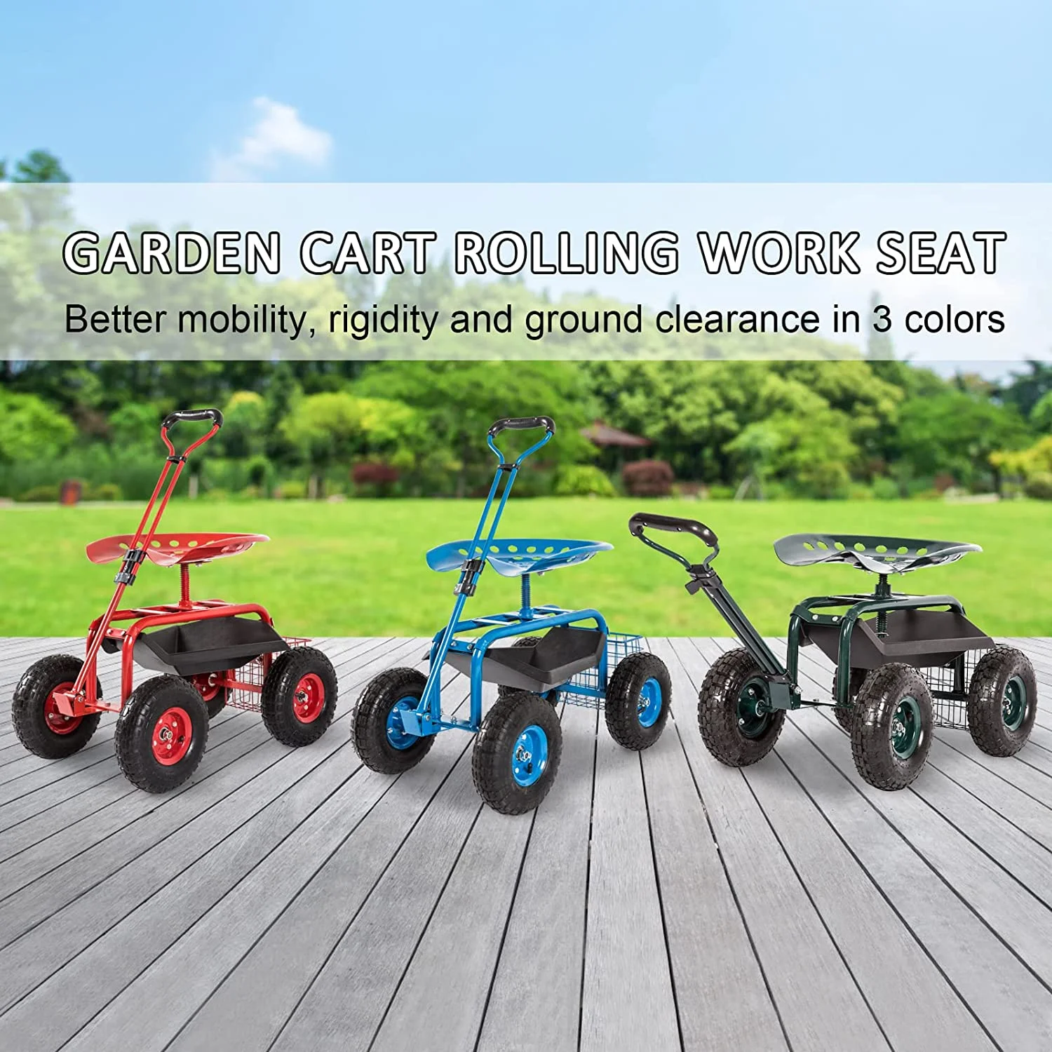 Gardening Workseat - Rolling Garden Cart Work Seat w/360 Degree Swivel Adjustable Seat, Storage Basket, Steering Handle, 4 Wheels, Garden Scooter for Planting