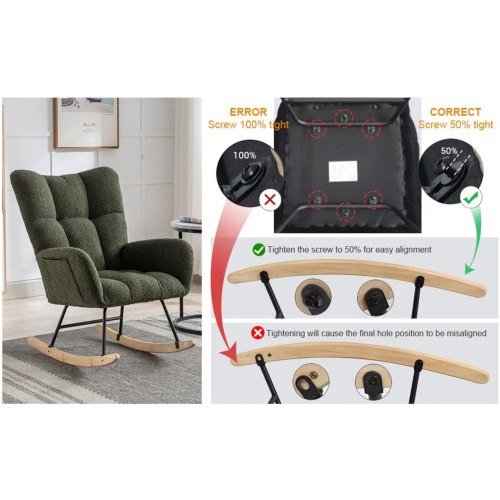 LEIYEHOOM Rocking Chair with Pocket  Soft Teddy Fabric Rocking Chair for Nursery  Comfy Wingback Glider Rocker with  Solid Wood Base for Living Room Bedroom Balcony (DARK GREEN)