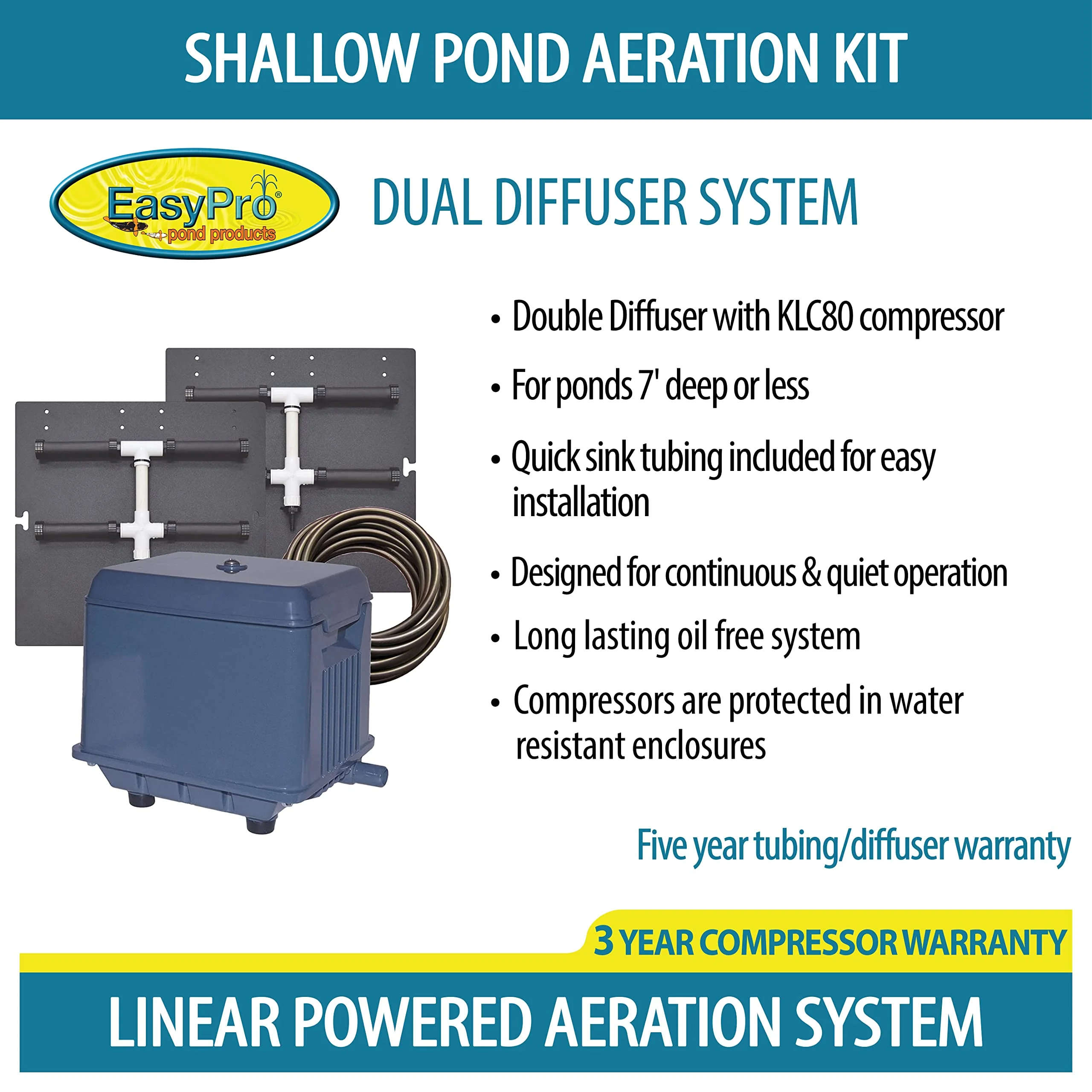 EasyPro PA8SWN Shallow Pond Aeration Kit for Ponds up to 7' Deep/Dual Diffuser System/KLC80 Compressor/115 Volts/cUL&UL Listed for Outdoor Use/Designed for Continuous Operation/Long Lasting & Oil Free
