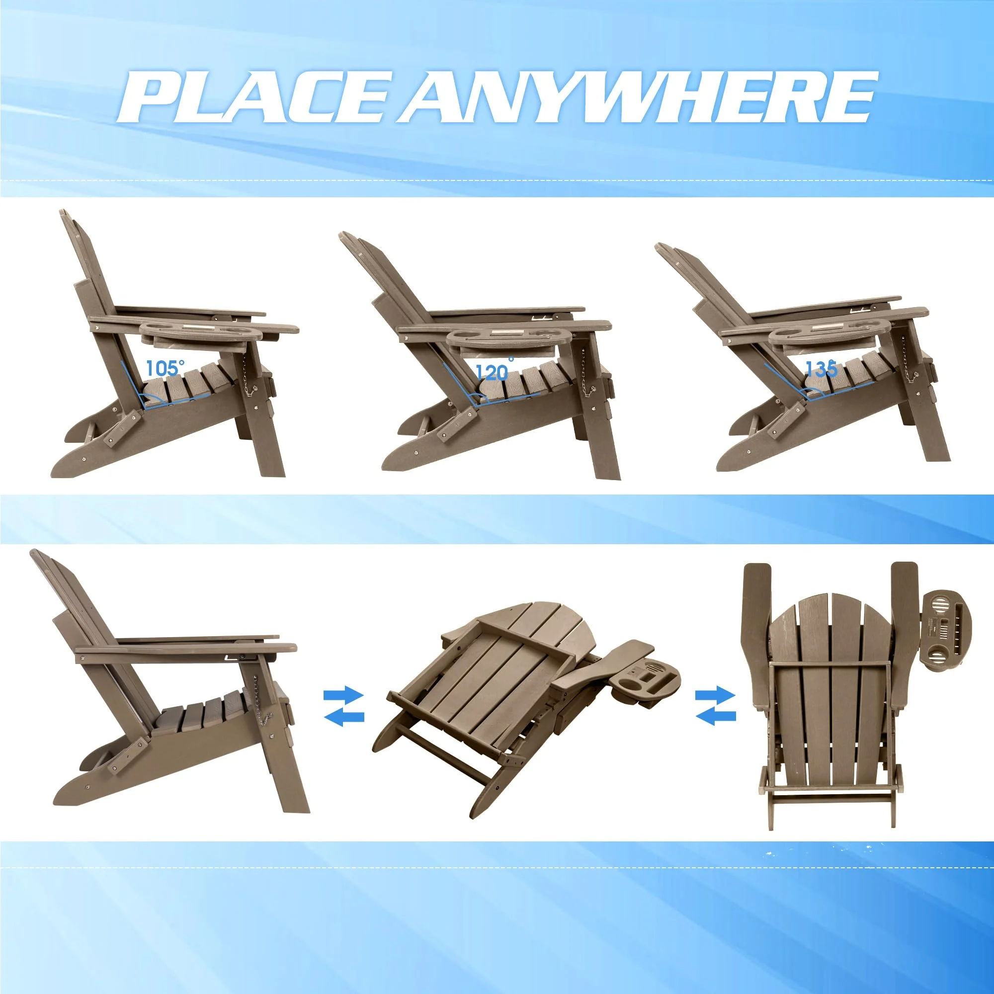 2PCS Folding Adirondack Chair with Retractable Ottoman, HDPE All-Weather Resistant Adjustable Backrest Adirondack Chair w/4 in 1 Cup Holder Trays, Wood Texture Brown