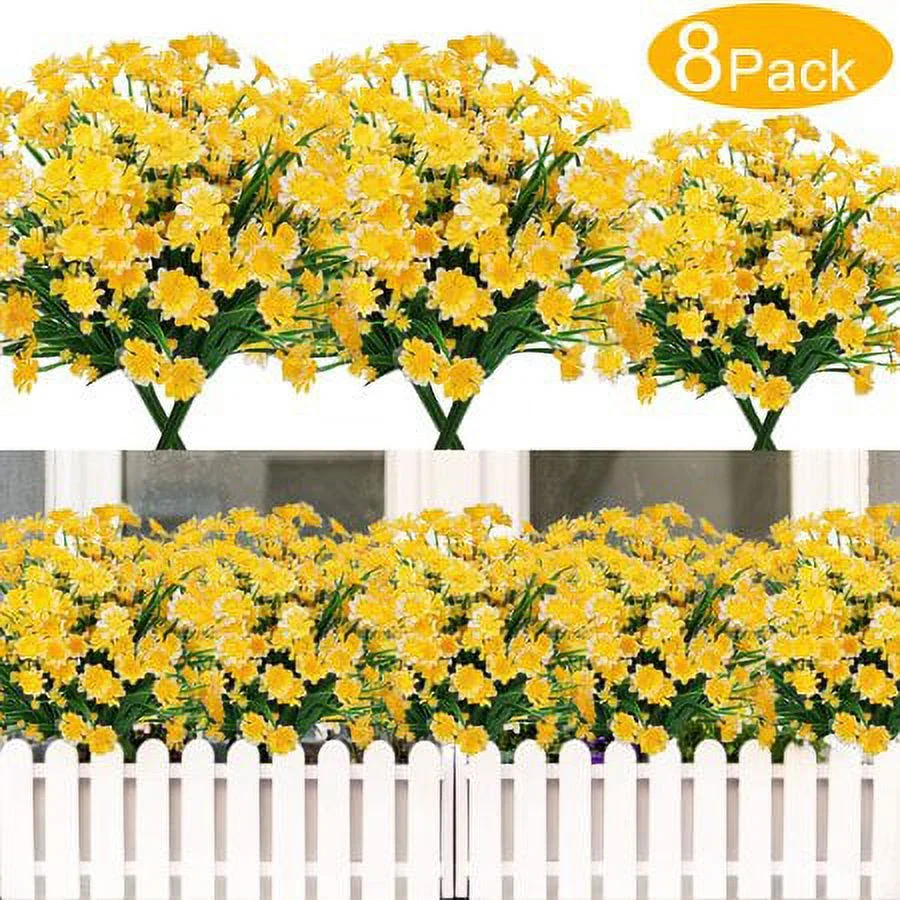 Sinhoon 8 Bundles Artificial Flowers UV Resistant Outdoor Decoration-Faux Plastic Daisy Greenery Shrub Plant Indoor Outside Hanging Planter Wedding Home Garden Office Window Box Hanging Decor (Yellow)