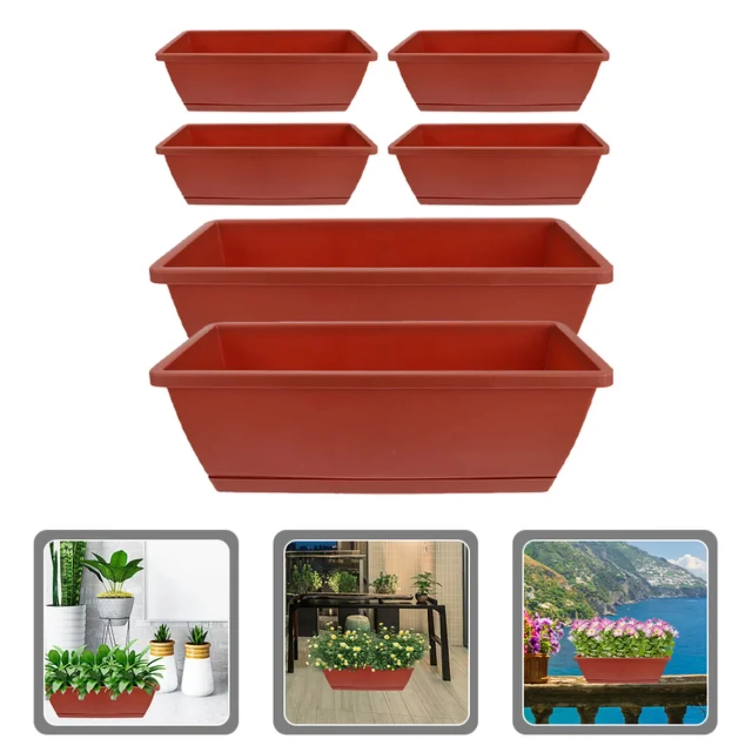 Set of 6 Large Plastic Rectangular Outdoor Planters for Office Bonsai Container Gardening - Beautiful and Durable Planter Pots for Flower Plants
