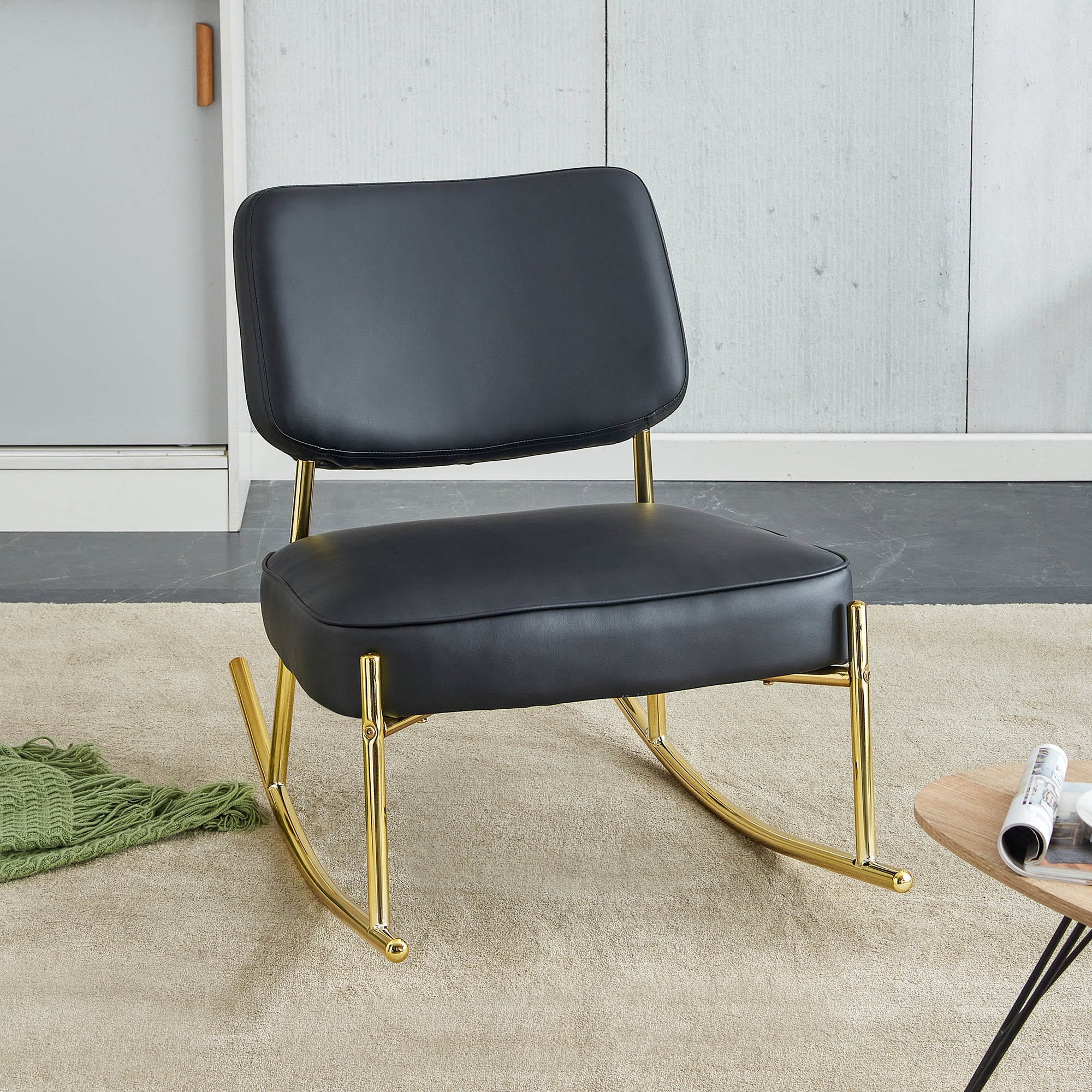 Modern Comfort: PU Material Cushioned Rocking Chair for Ultimate Relaxation, unique rocking chair, cushioned seat, black backrest rocking chair, and gold metal legs. Comfortable side chairs in the liv