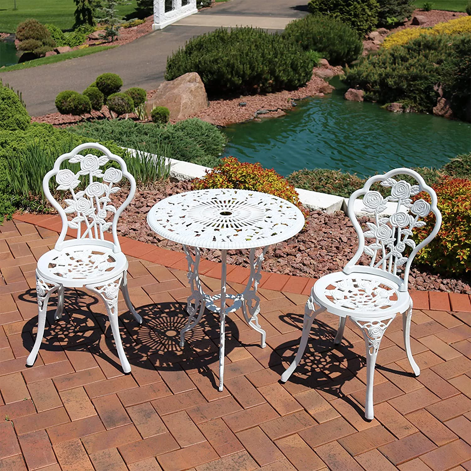 Flower Designed Bistro Table Set with 2 Chairs, Outdoor Cast Aluminum, White