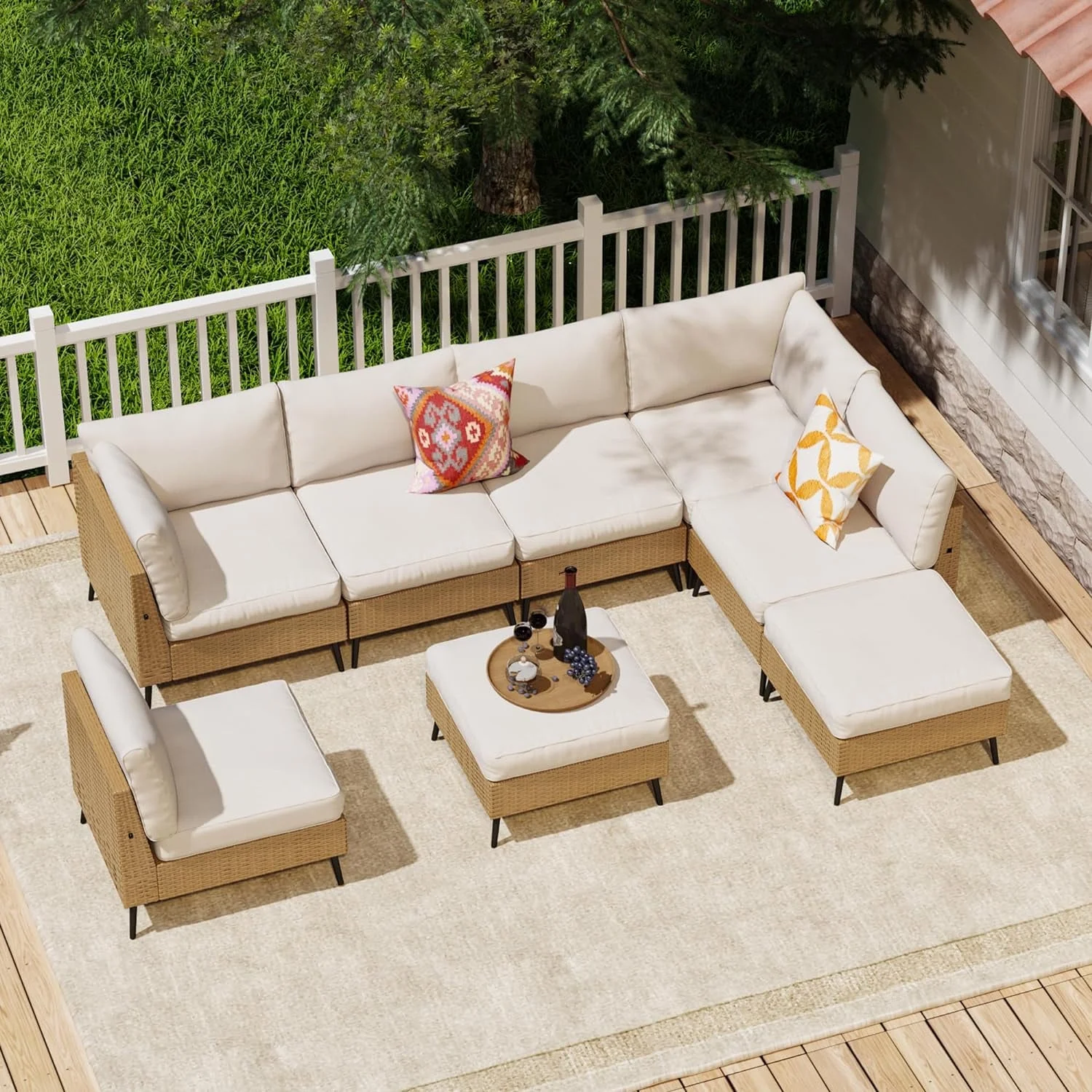 SUNCOZE Outdoor Sectional Funiture Set, 8 Pieces Patio Conversation Sets, PE Rattan Wicker Sofa with Beige Cushion For Backyard