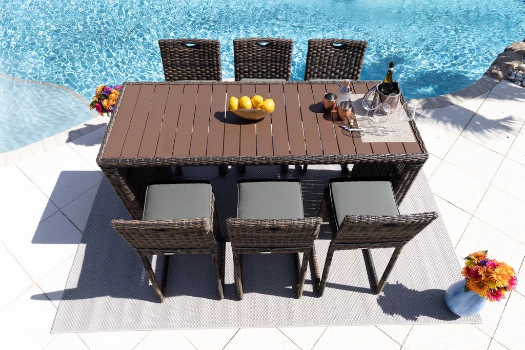 Tuscany 7-Piece Resin Wicker Outdoor Patio Furniture Bar Set with Bar Table and Six Bar Chairs (Half-Round Brown Wicker, Sunbrella Canvas Charcoal)