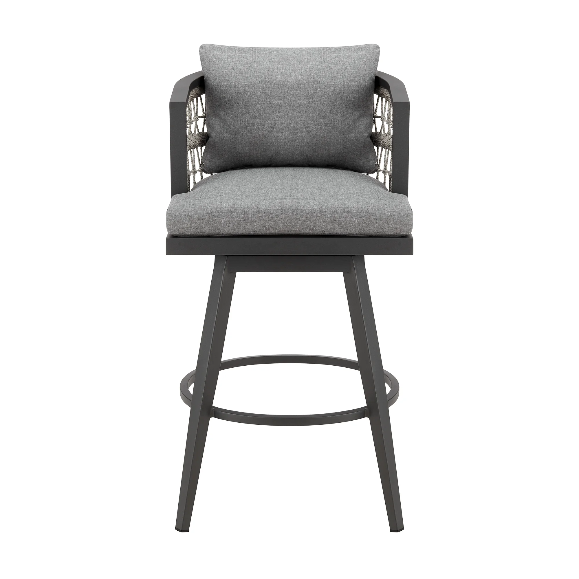 Zella Outdoor Patio Swivel Counter Stool in Aluminum with Light Gray Rope and Earl Gray Cushions