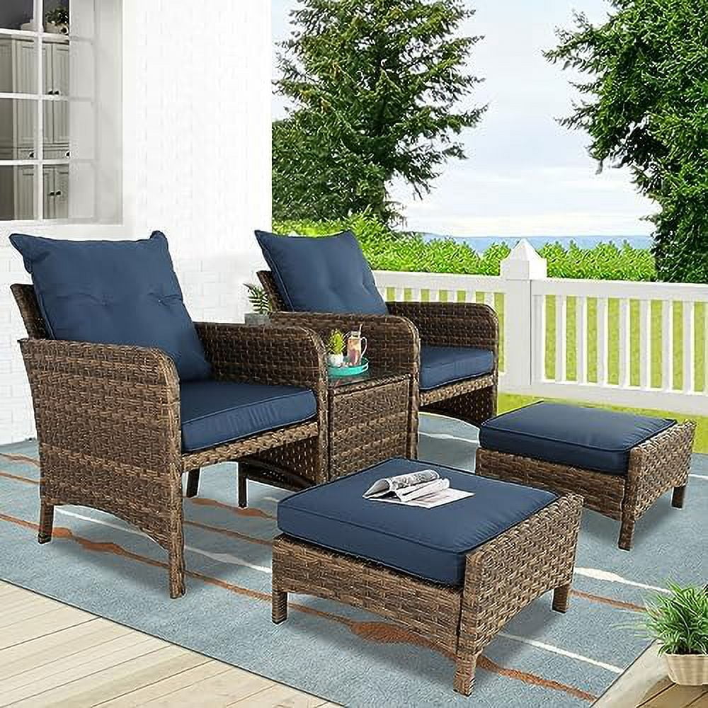 5 Pieces Wicker Patio  Sets Patio Chairs with Ottoman Outdoor Patio  with  Table Patio Set for Porch Balcony Lawn (Brown-Blue  Set of 5)