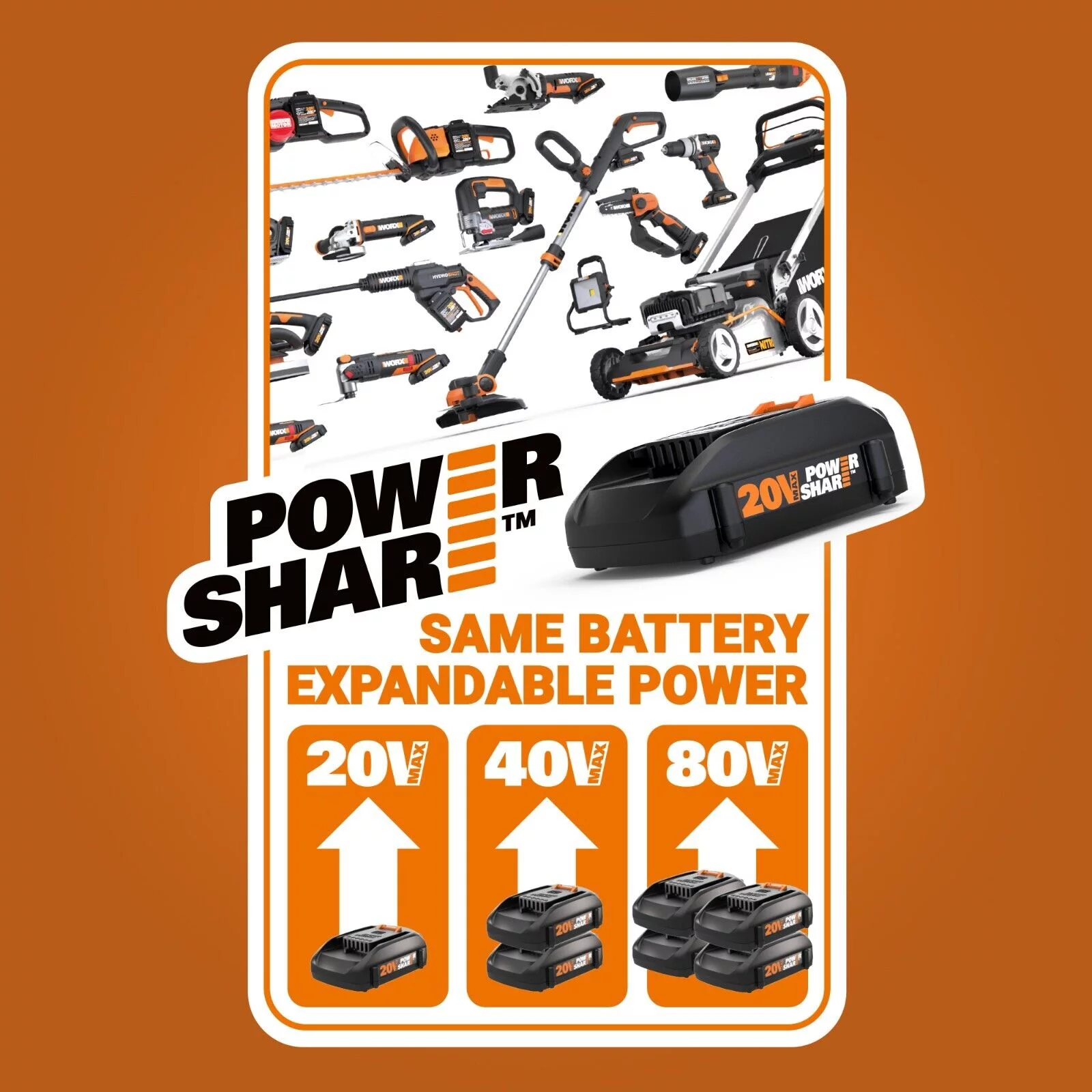 Worx WG261 20 Volt Power Share Cordless Battery 22 Inch Hedge Trimmer, Orange