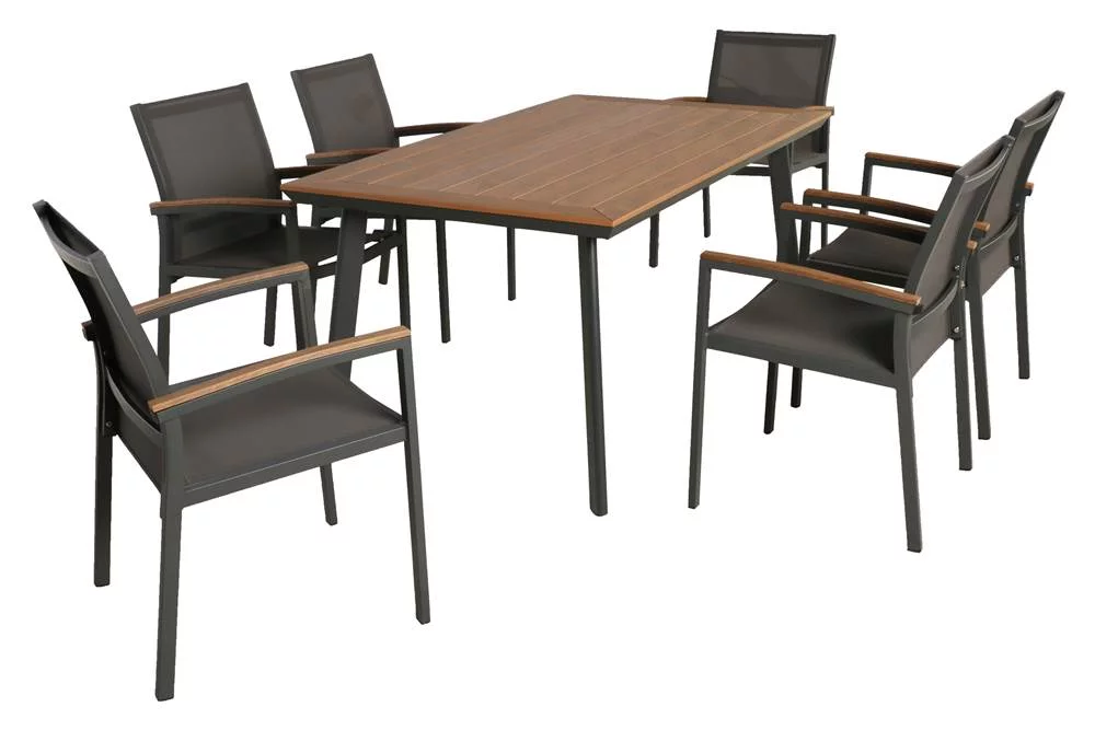 Harper Outdoor 7 Piece Aluminum and Mesh Dining Set with Faux Wood Top, Natural, Gray, Gray