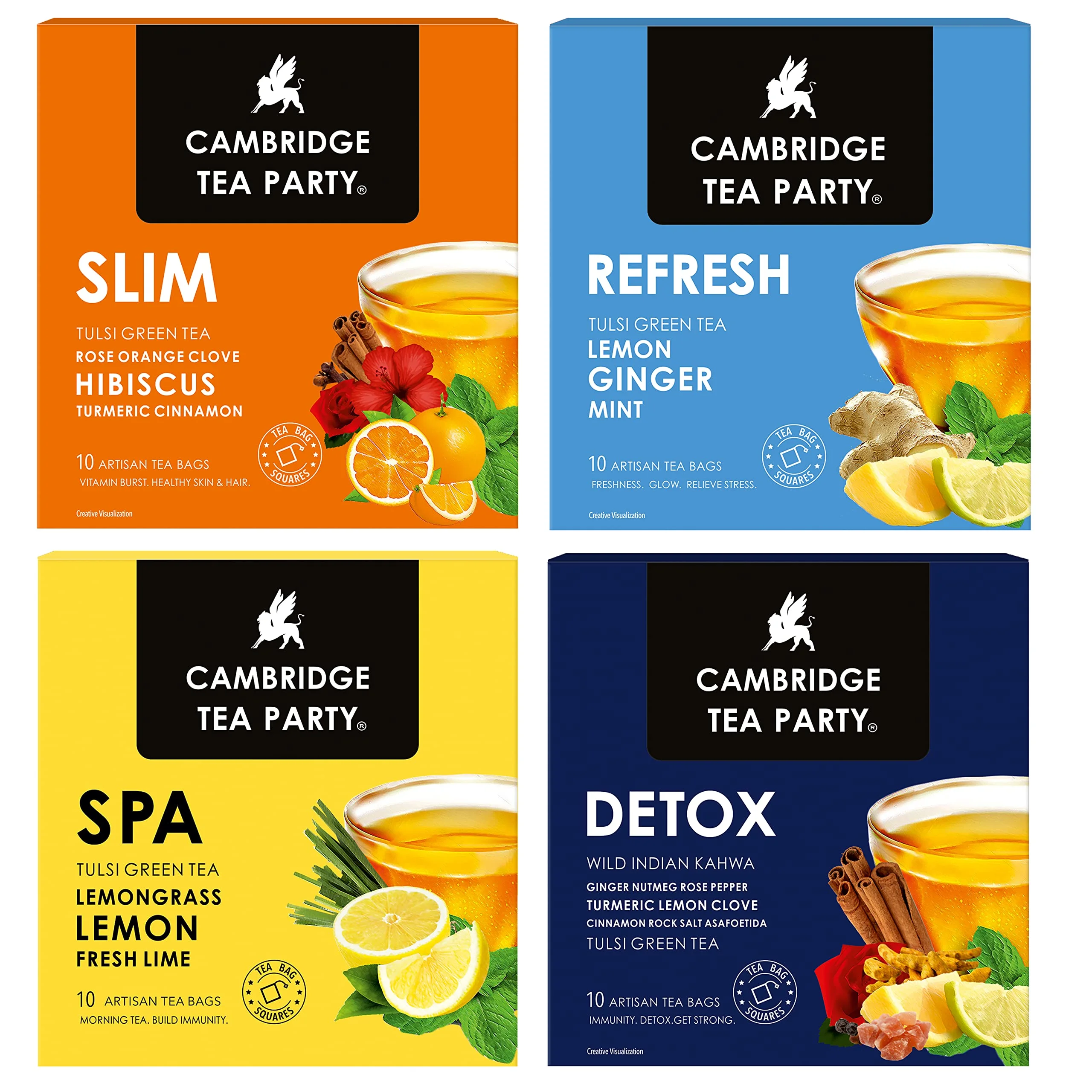 Cambridge Tea Party Assorted Tulsi Green Tea 40 Bags, Detox Kahwa, Slim Orange Rose Hibiscus, Refresh Lemon Ginger Mint, Spa Lime Lemongrass