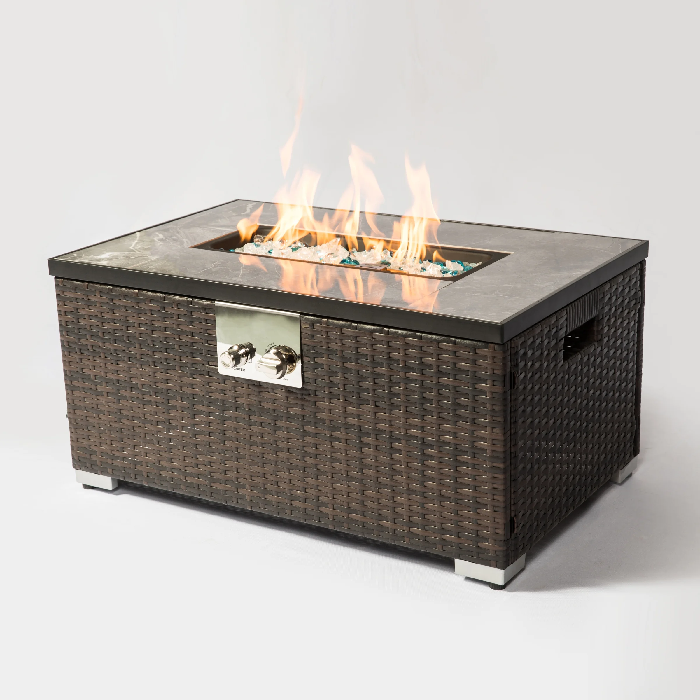 Outdoor Fire Table Propane Fire Pit Rattan Gas Fire Table, Gas Fire Table with Tile Tabletop