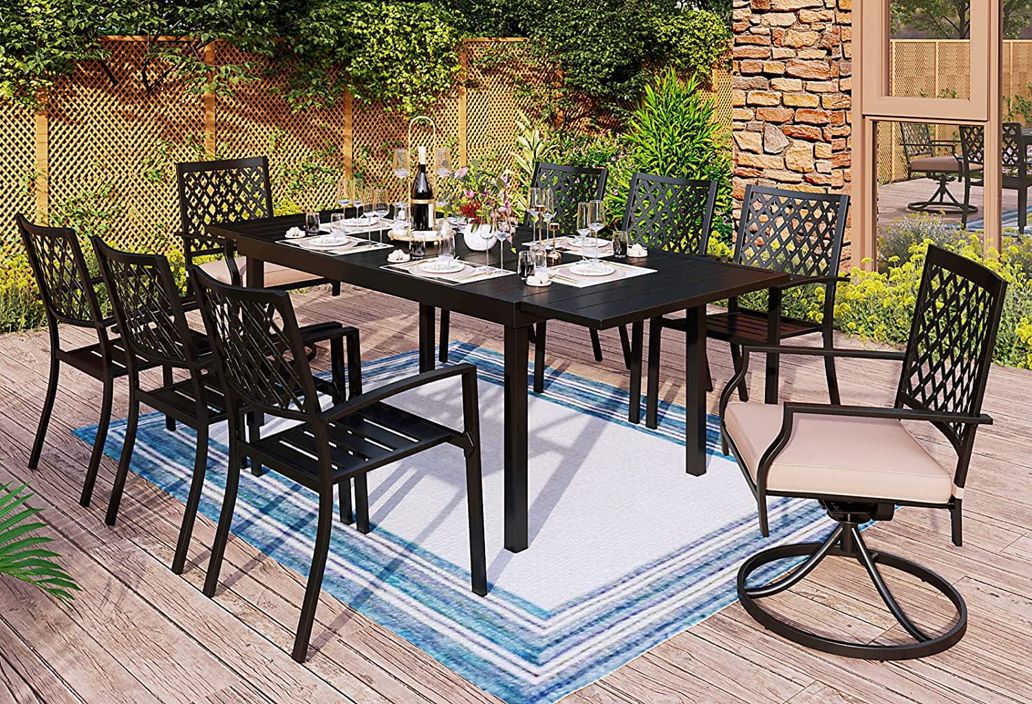 9 Pieces Metal Patio Dining Set 1 Expandable Outdoor Steel Slat Rectangular Table and 6 Metal Mesh Stackable Chairs  2 Swivel Chairs Black \u2026