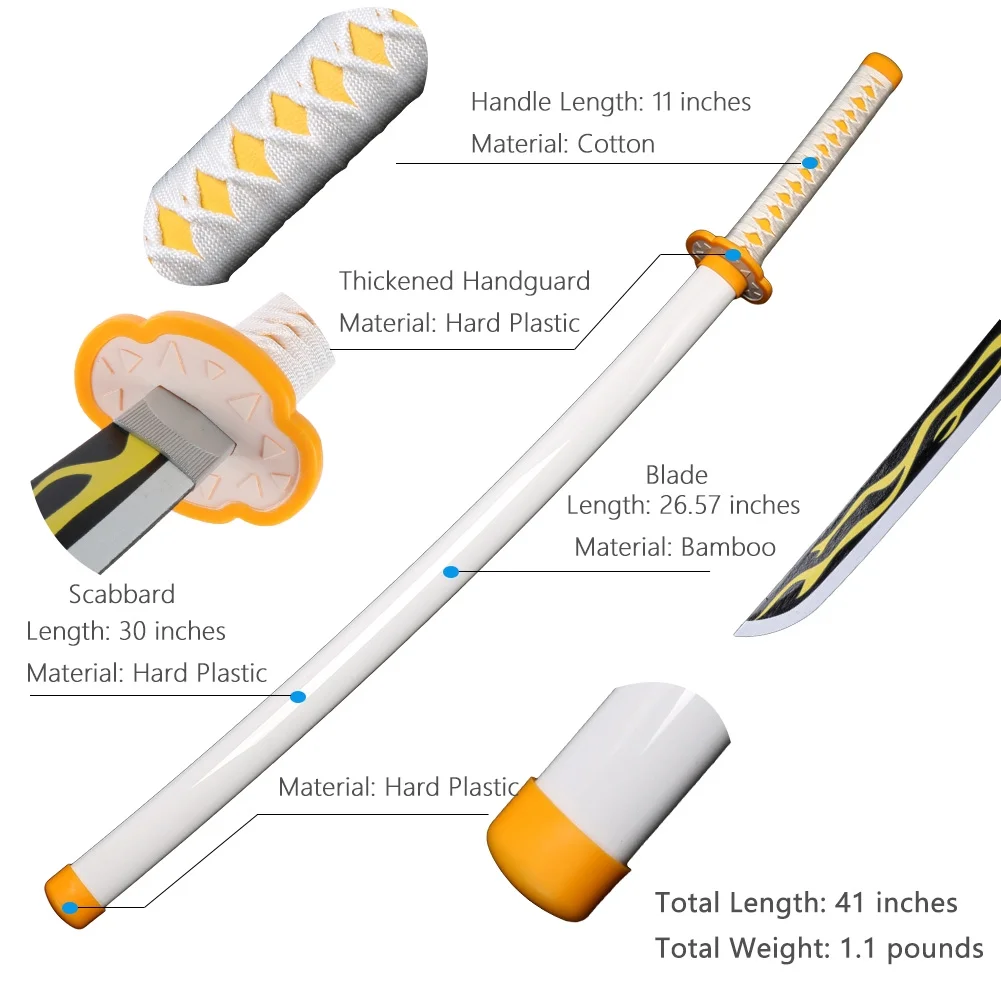 Elervino Bamboo Demon Slayer Sword with Belt Holder, 41 inches, Agatsuma Zenitsu Sword