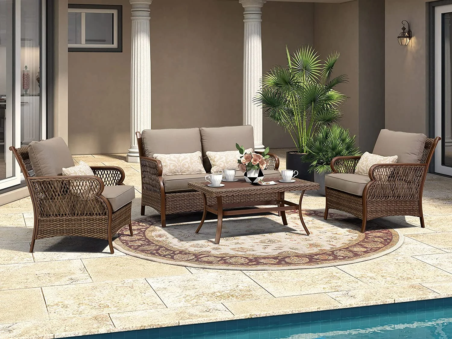 LEAF 11-Piece Retro Patio Furniture Sets with All-Weather Rattan Outdoor Sofa Set for 5 and Six-seat Patio Dining Set