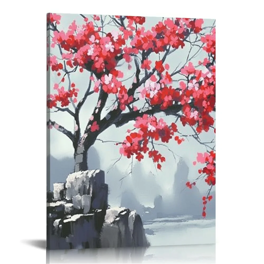 PRATYUS Cherry Blossom Wall Art Red Plum Blossom Floral Canvas Traditional Chinese Style Picture Canvas Print Modern Art Framed For Living Room Bathroom Bedroom Home Decor 12x16 in