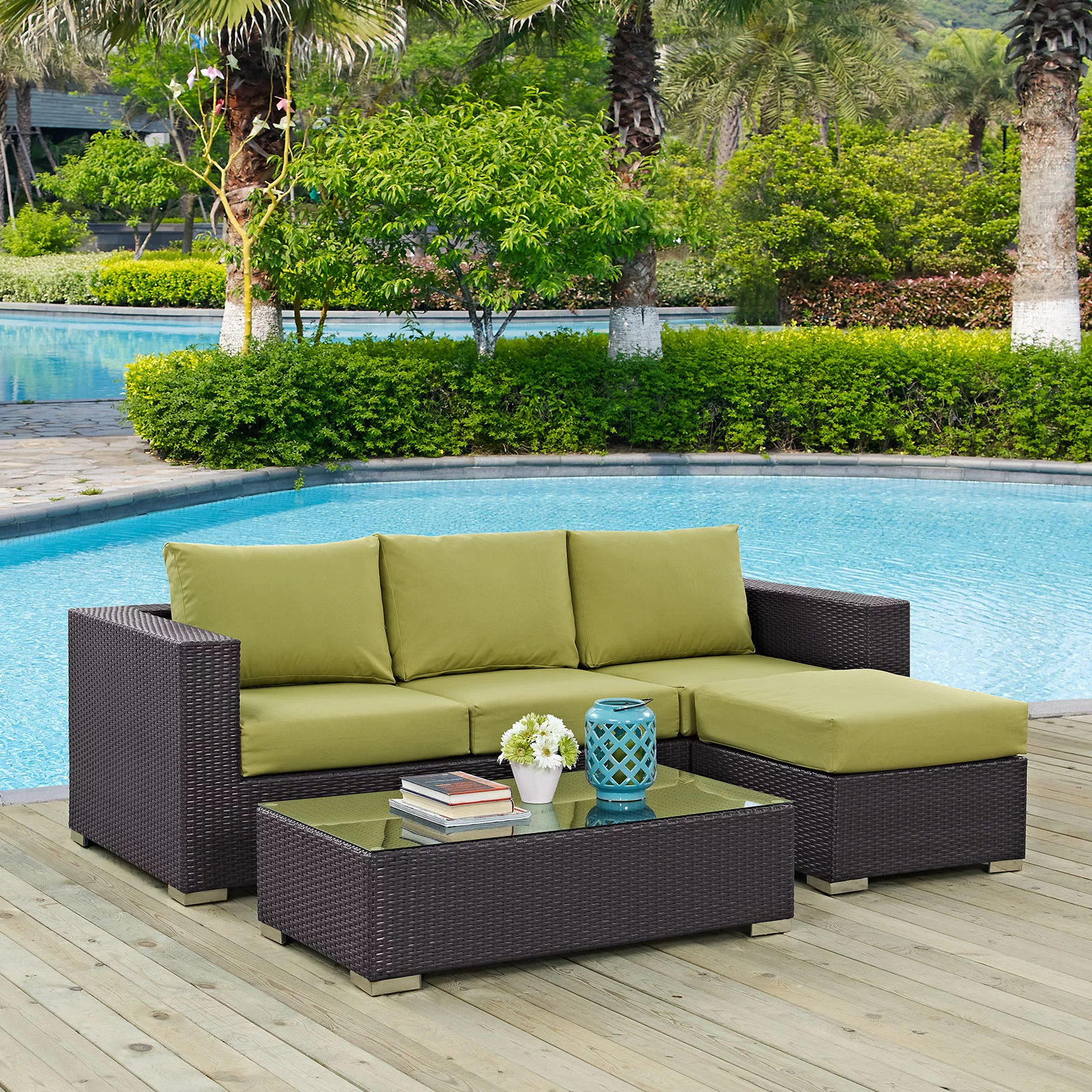 Modern Contemporary Urban Design Outdoor Patio Balcony Three PCS Sofa Set, Green, Rattan