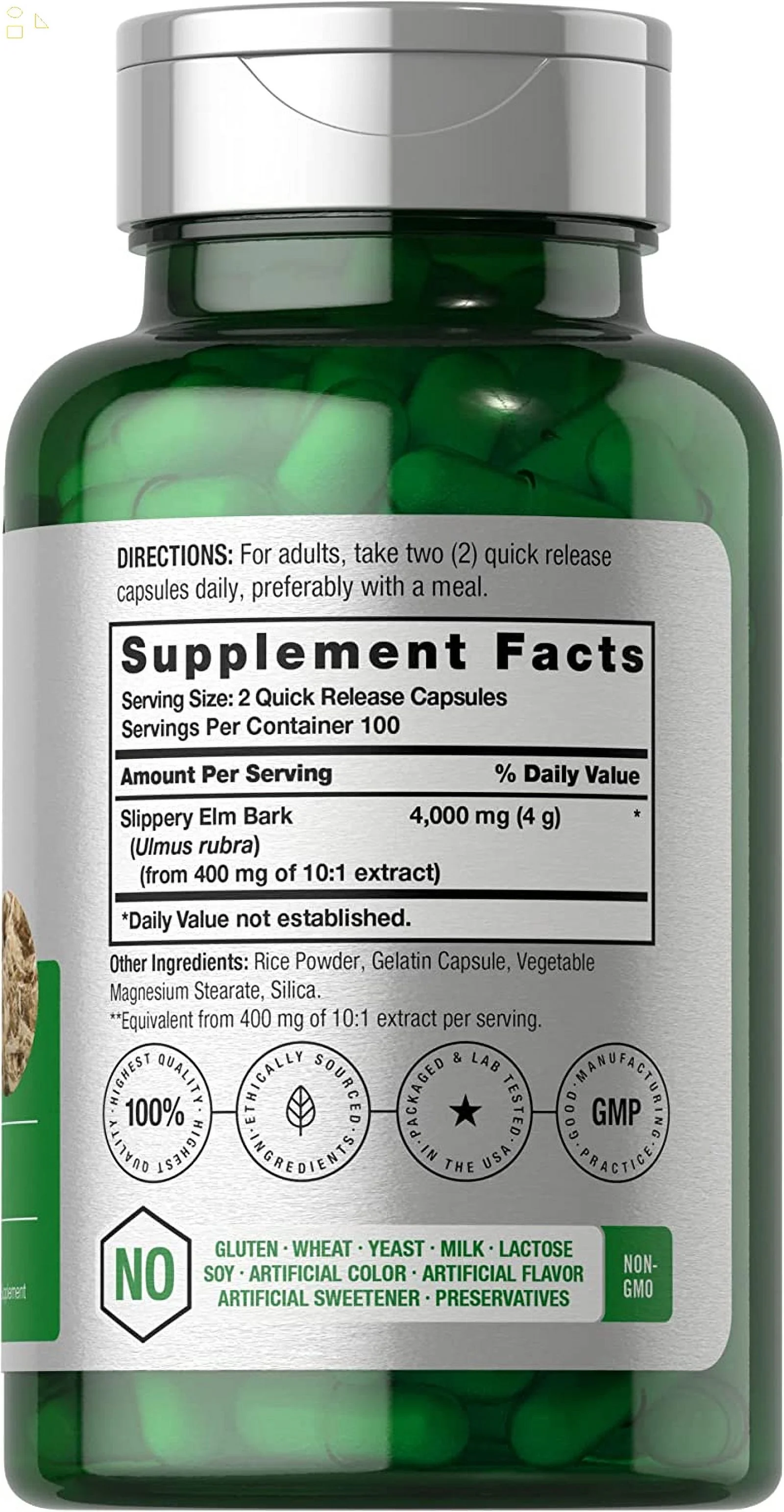 Slippery Elm Bark Capsules | 200 Count | Non-Gmo & Gluten Free