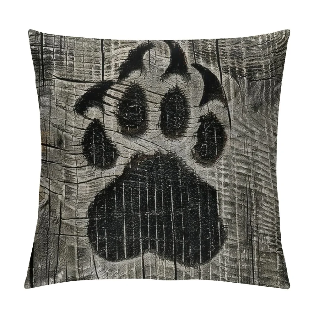 Throw Pillow - Bear Mirage Lodge Decorative Throw Pillow with Weathered Wood Grain Bear Paw Print Pattern - Square