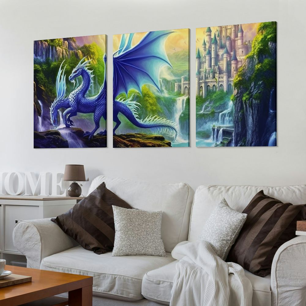 Jiayy Dragon Waterfall Fantasy Art Wall Decor Canvas Print 12x16in x3 Ready to Hang 12x16x3pcs