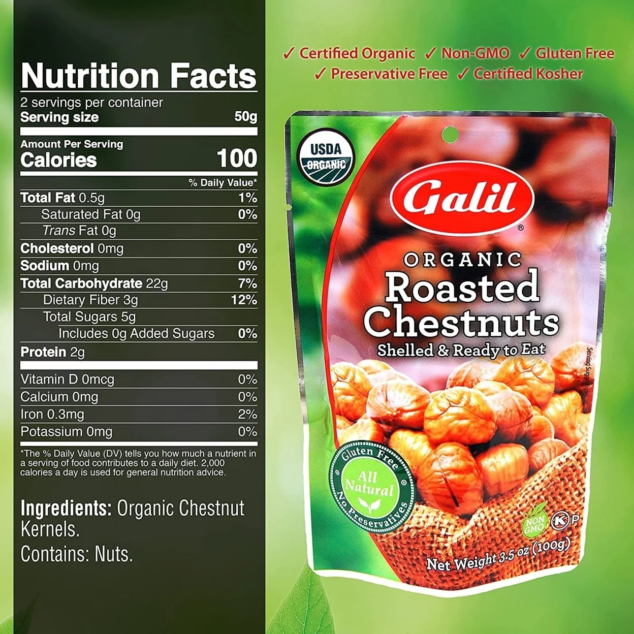 Galil Chestnuts | Organic Roasted | Shelled | 3.5 oz