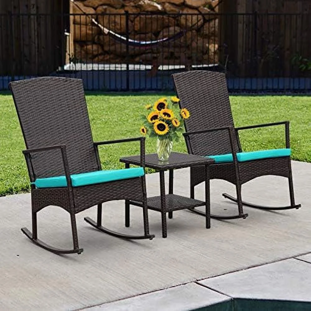HBLUKDL Outdoor PE Wicker Porch Rocking Chair 3 Piece Patio  Garden Conversation  Brown Rattan with Glass Top Coffee Table  Turquoise Cushion