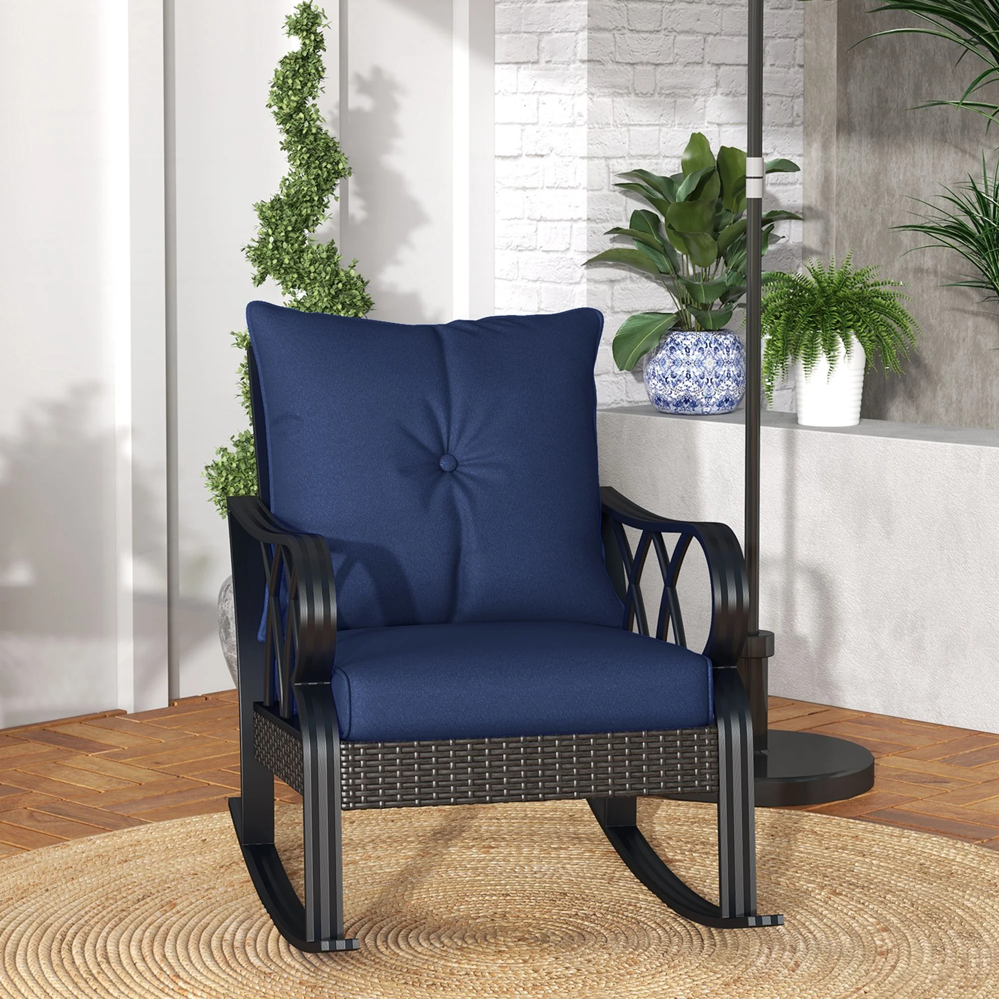 Outdoor Wicker Rocking Chair, Patio Rattan Rocking Chair with High Back, Seat Cushion, Pillow