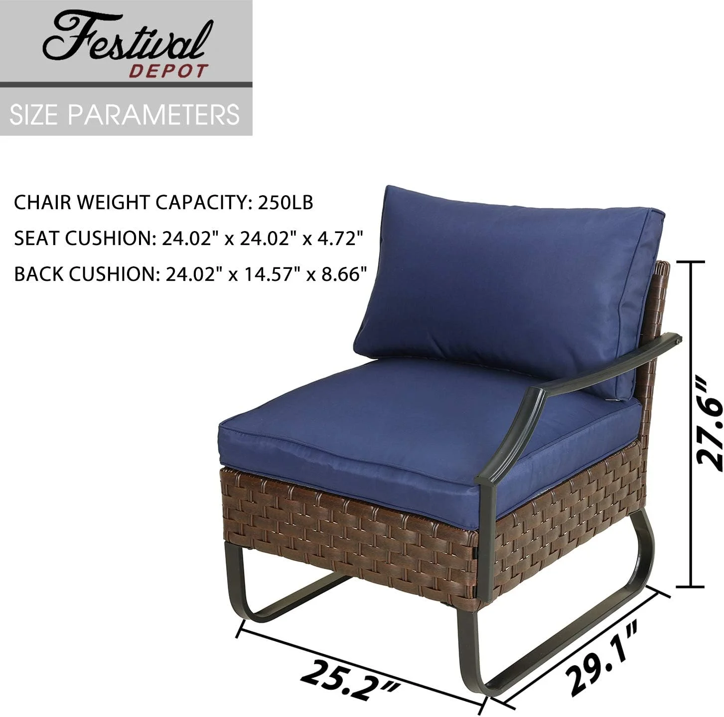 JYHOME Dining Outdoor Patio Bistro  Left Armrest Section Chair with Curved Armrest Wicker Rattan Soft Cushion with Side U Shaped Slatted Steel Leg for Garden Yard Poolside All-Weather