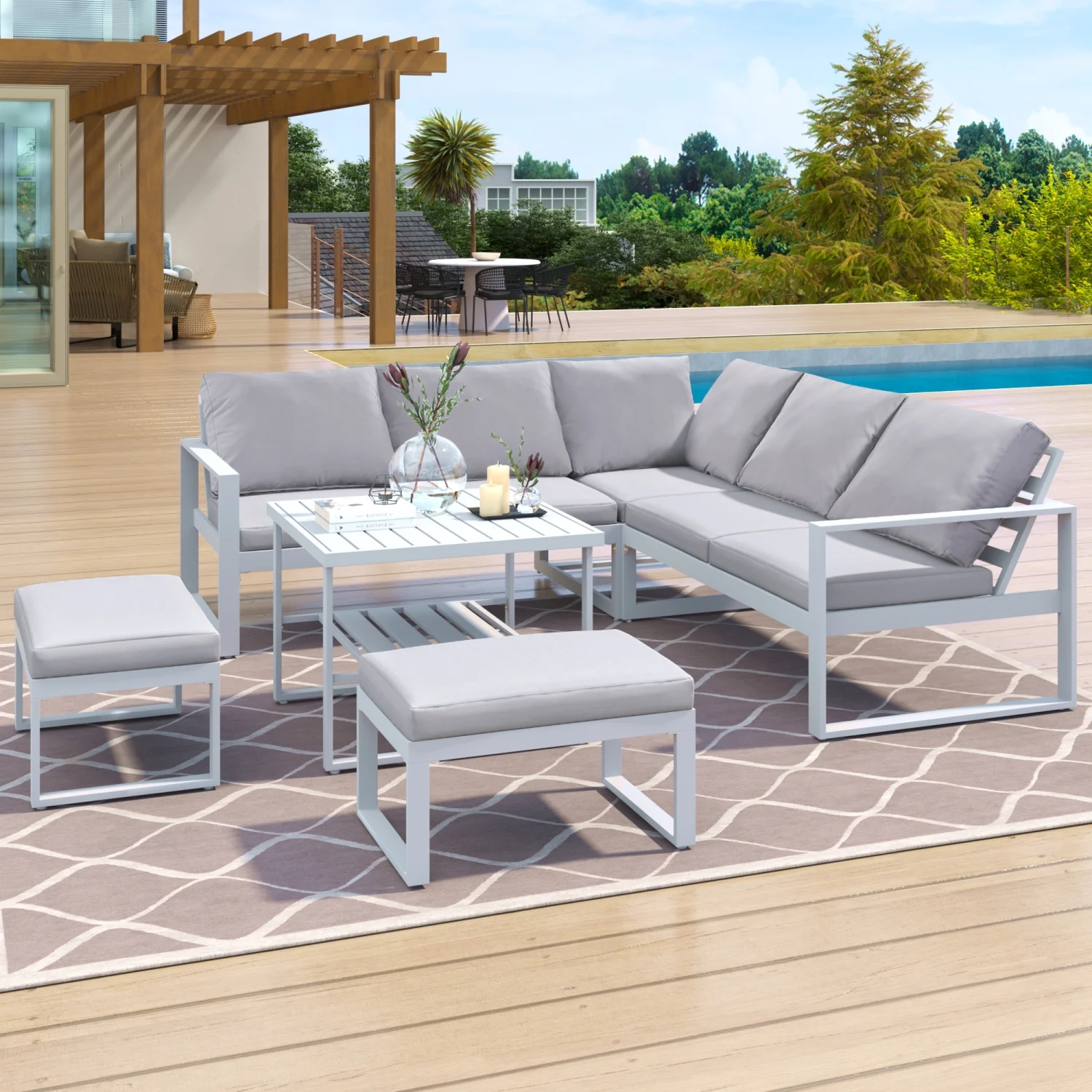 Outdoor Industrial Style Furniture Set - Sophisticated and Stylish U-Style Sofa Combination Set for Your Patio or Garden. Includes 2 Love Sofas  1 Single Sofa  1 Table  and 2 Benches. Per
