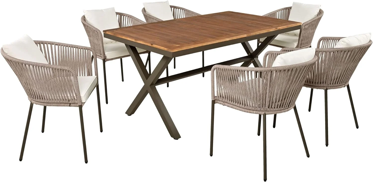 7 Piece Patio Dining Table Set, All-Weather Outdoor Furniture Set With Dining Table And Chairs For Garden, Backyard, Balcony, Acacia Wood Tabletop, Metal Frame, Beige