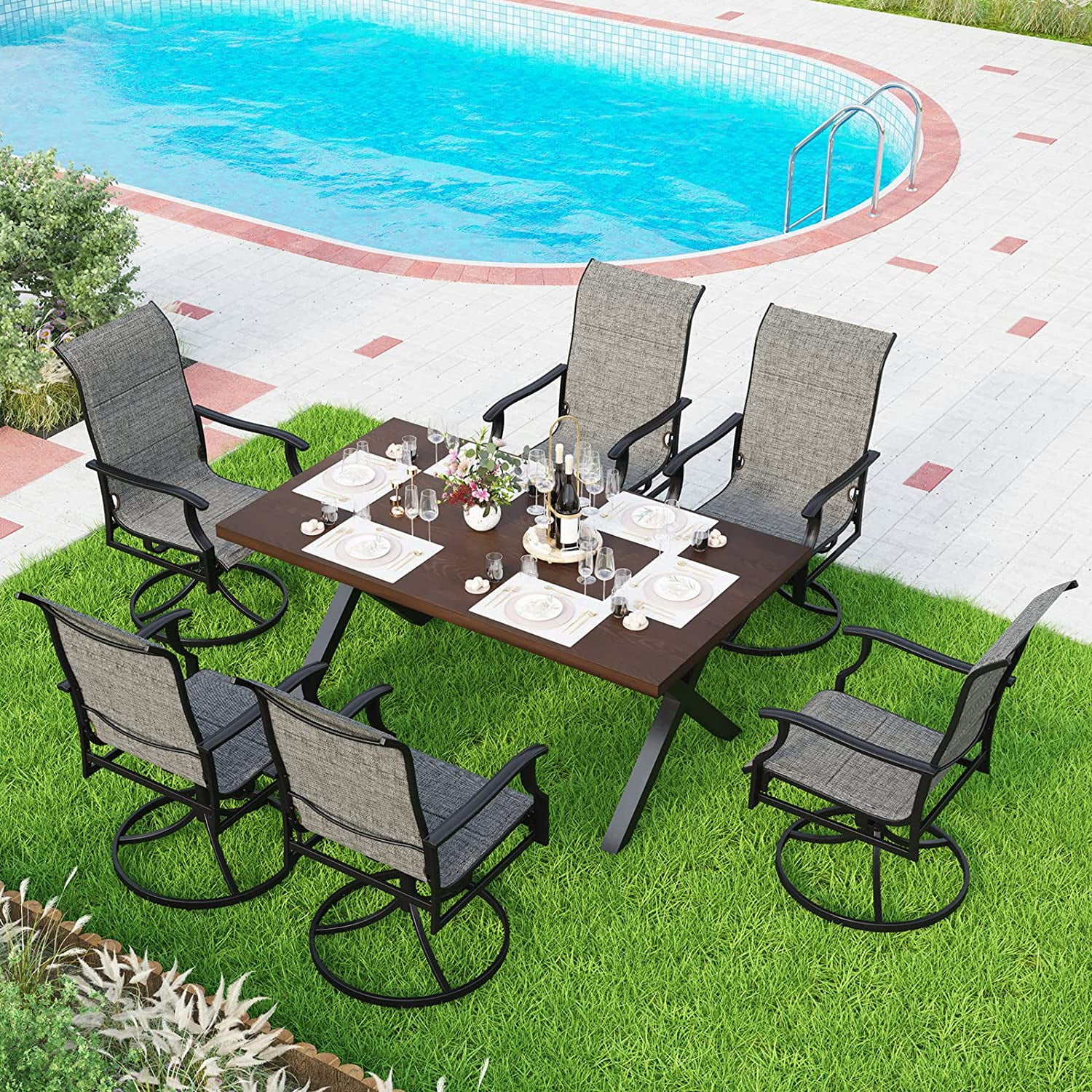 9-Piece Metal Outdoor Patio Dining Furniture Set 8 Sling Dining Swivel Chairs and 1 Expandable Outdoor Dining Rectangle Table