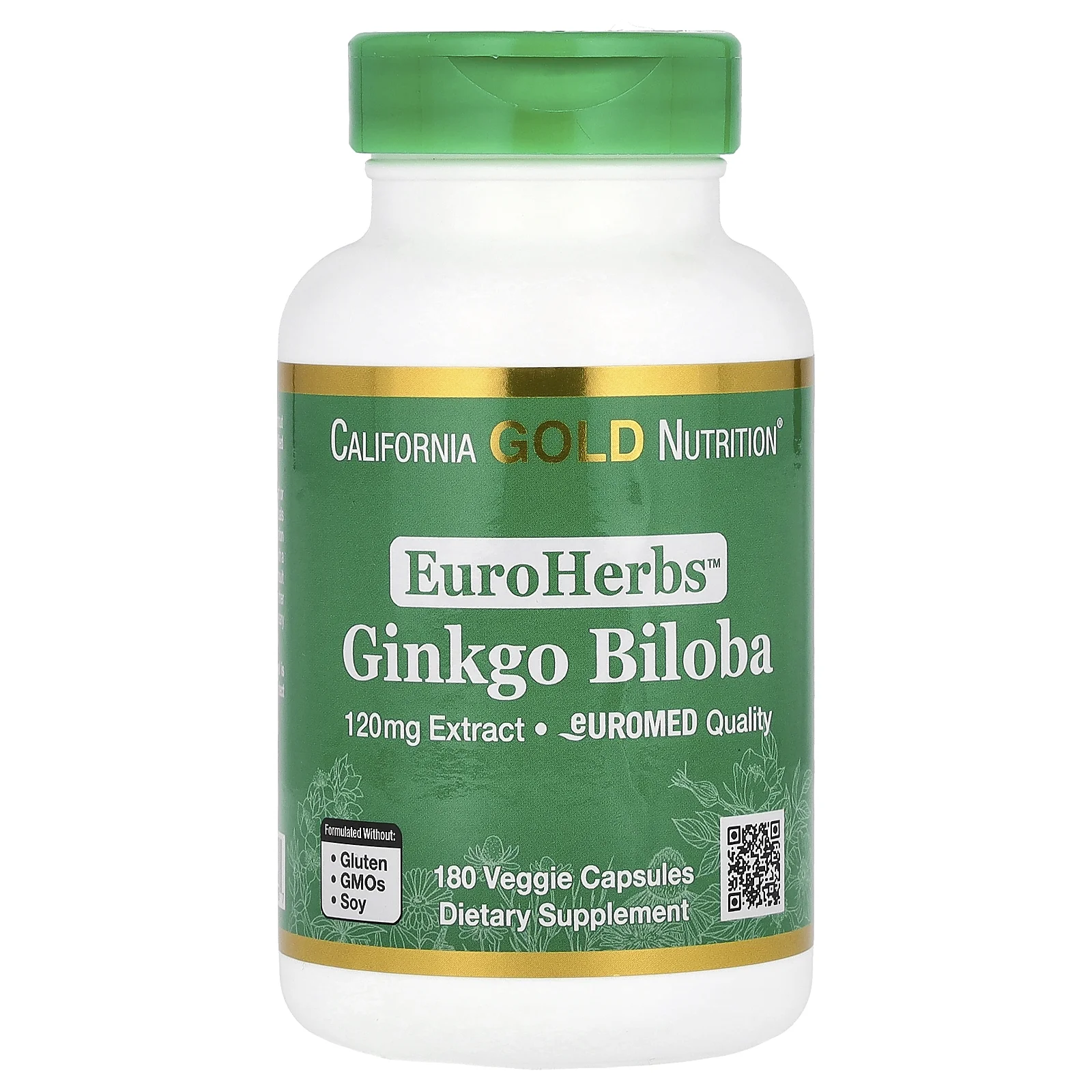 Ginkgo Biloba Extract, EuroHerbs, Supports Cognitive Health, Standardized to 22% Flavone Glycosides, 5% Terpene Lactones, 120 mg, 180 Veggie Capsules