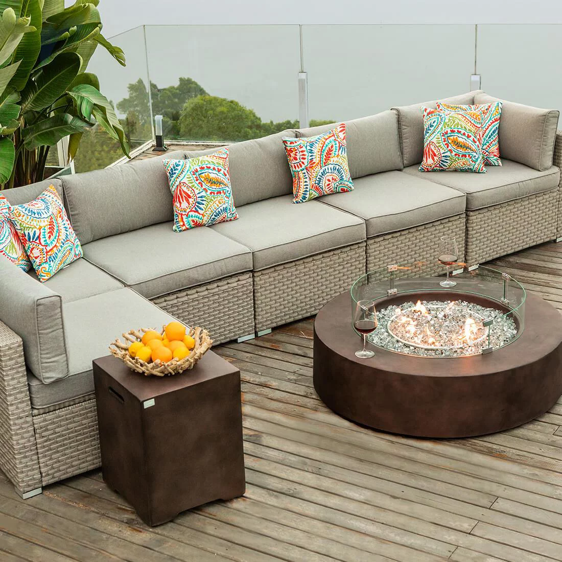 COSIEST 8-Piece Propane Fire Pit Table Outdoor Wicker Sofa Gray Furniture Set