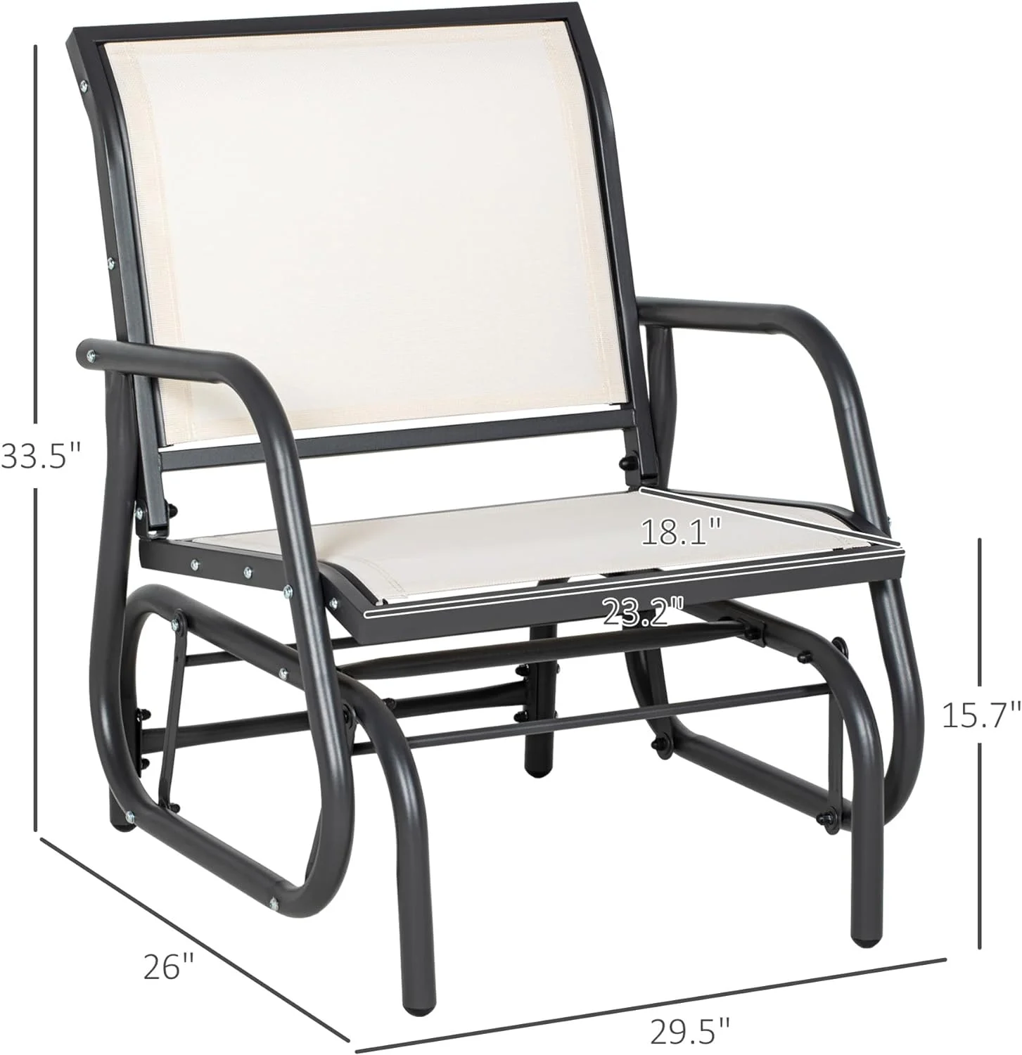 Porch Glider, Metal Frame Swing Glider Chair with Breathable Mesh Fabric, Curved Armrests and Steel Frame for Garden, Poolside, Backyard, Balcony, Cream White