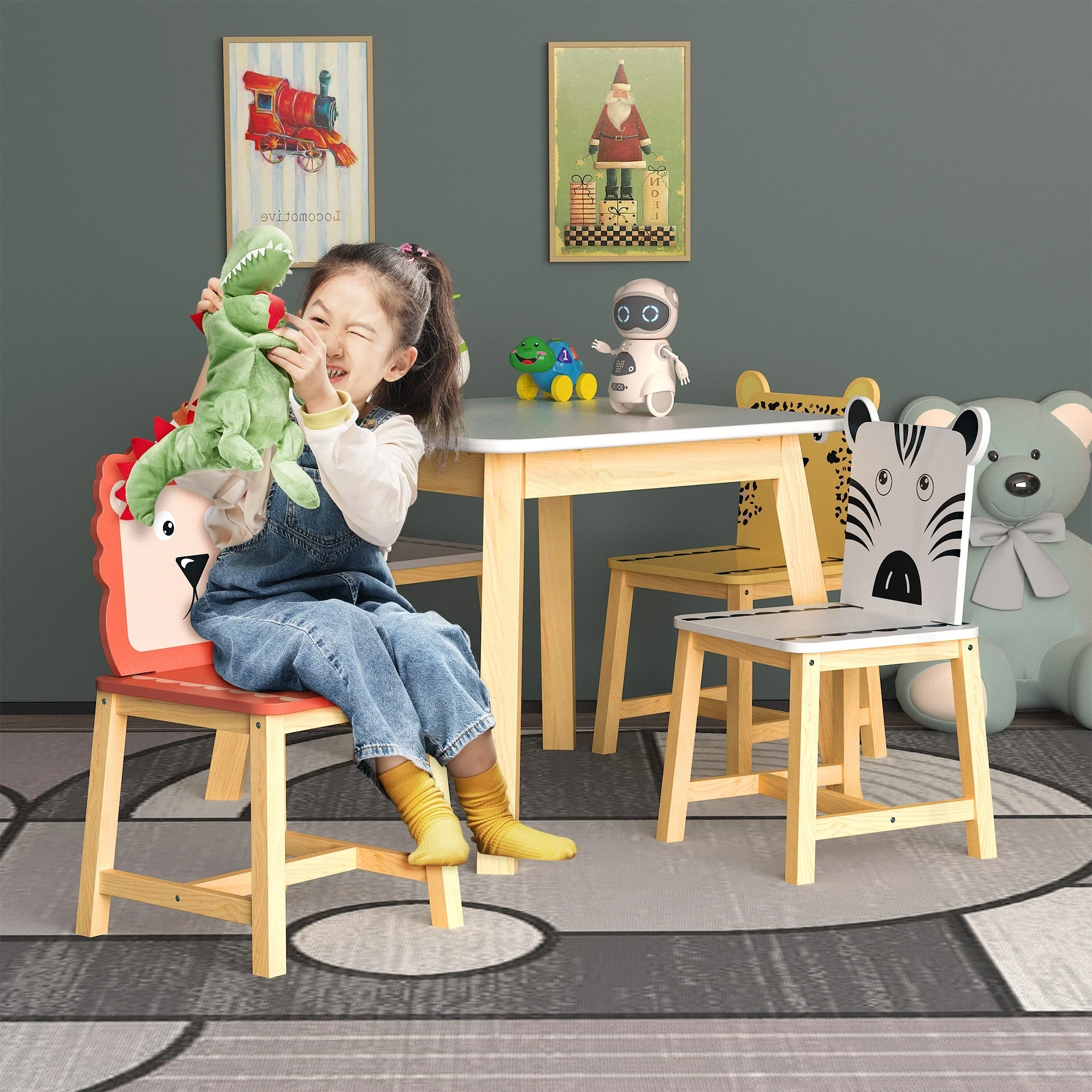 Modern 5 Piece Kiddy Dining Table Sets with Kids Soild Wood Dining Table and Cartoon Animals Chairs, for Living Room