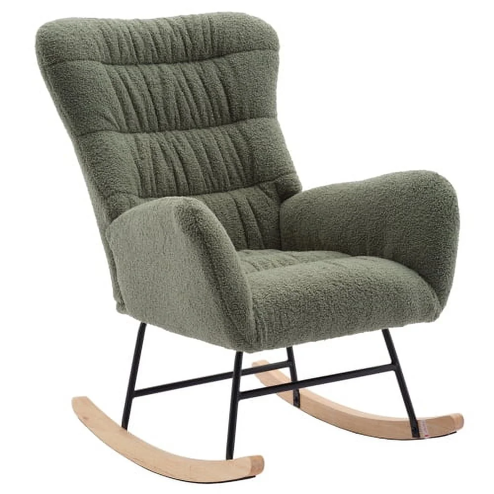 DremFaryoyo Nursery Rocking Chair  Teddy Upholstered Glider Rocker  Rocking Accent Chair with High Backrest  Comfy Rocking Accent Armchair for Living Room  Bedroom  Offices  GREEN