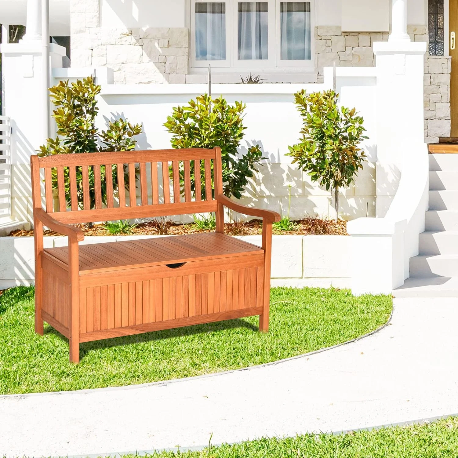 Elegant Elegant Bench with Storage, Outdoor Deck Box with Seating for Pool Front Porch Garden Lawn Decor, Dustproof Liner Wood Storage Loveseat, 800 lbs Capacity, Eucalyptus Storage Bench