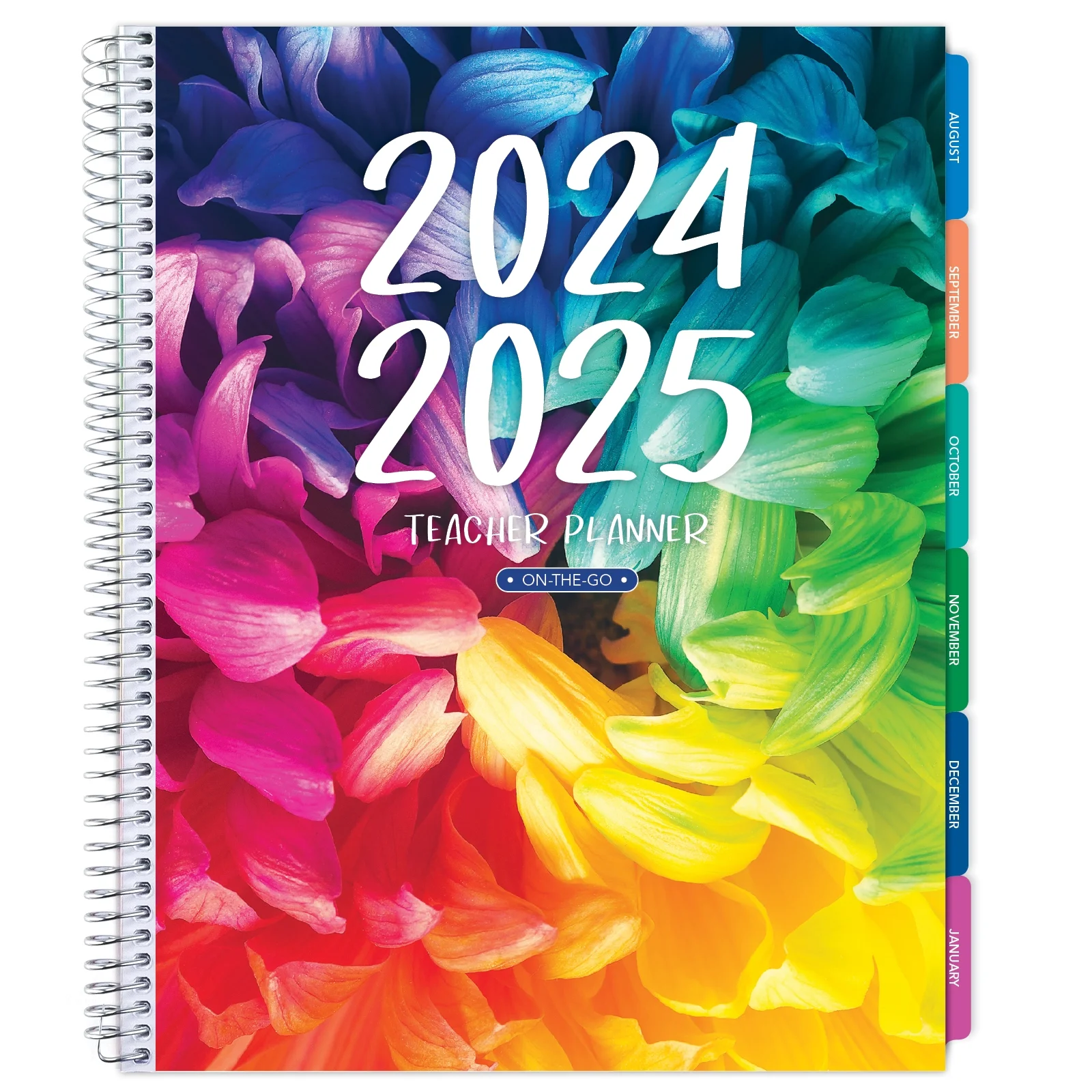 Aug 2024-Jul 2025 Lite Teacher Lesson Planner Notebook 8.5x11 Daily Weekly Monthly Organizers - Includes 7 Periods, Dated Calendar, Page Tabs, Bookmark, and Planning Stickers (Rainbow Petals)