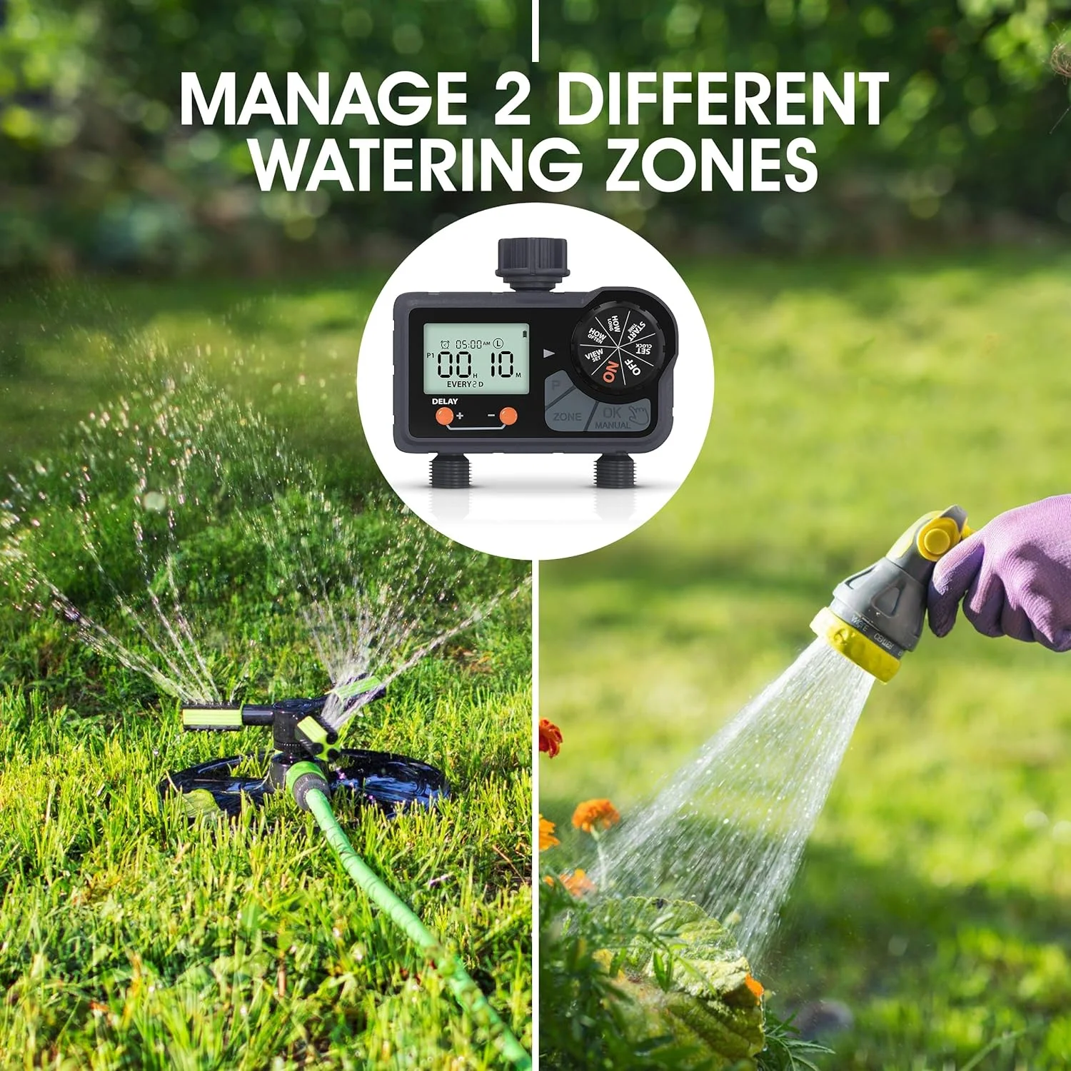 7Penn Water Sprinkler Timer Outdoor Irrigation System - Water Hose Timer Programmable 2 Zone Water Timer for Garden Hose